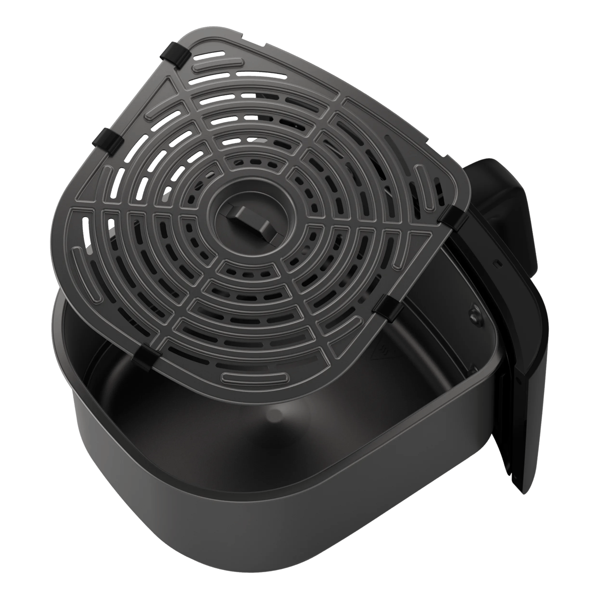 A black air fryer basket with a slotted crisper plate floating above it on a white background.