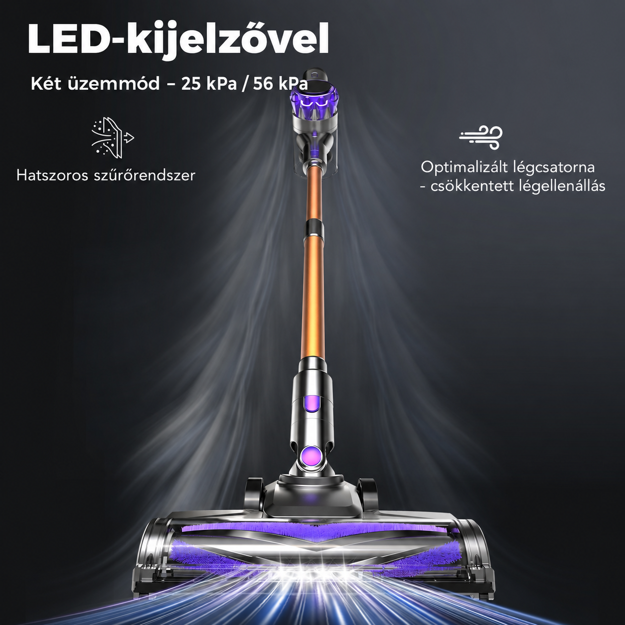 Vezeték nélküli porszívó narancssárga csővel és lila részletekkel, légáramlási hatásokkal és magyar feliratokkal.