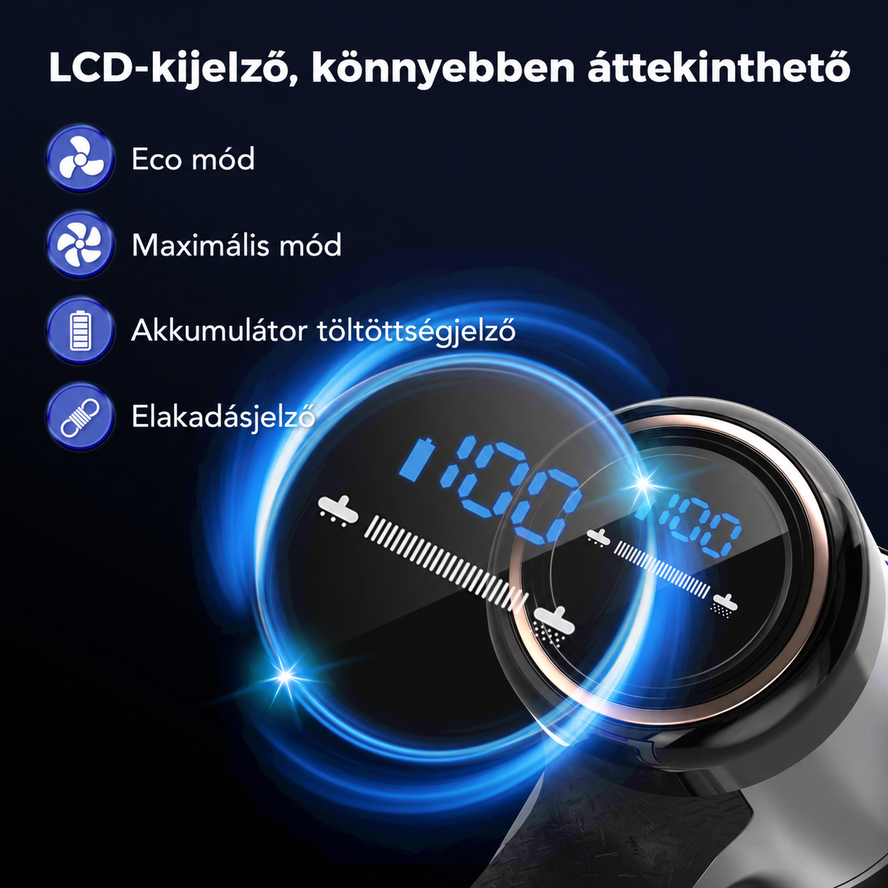LCD kijelző kék ikonokkal, öko mód, maximális mód, akkumulátorszint és elakadásjelző látható sötét háttér előtt.