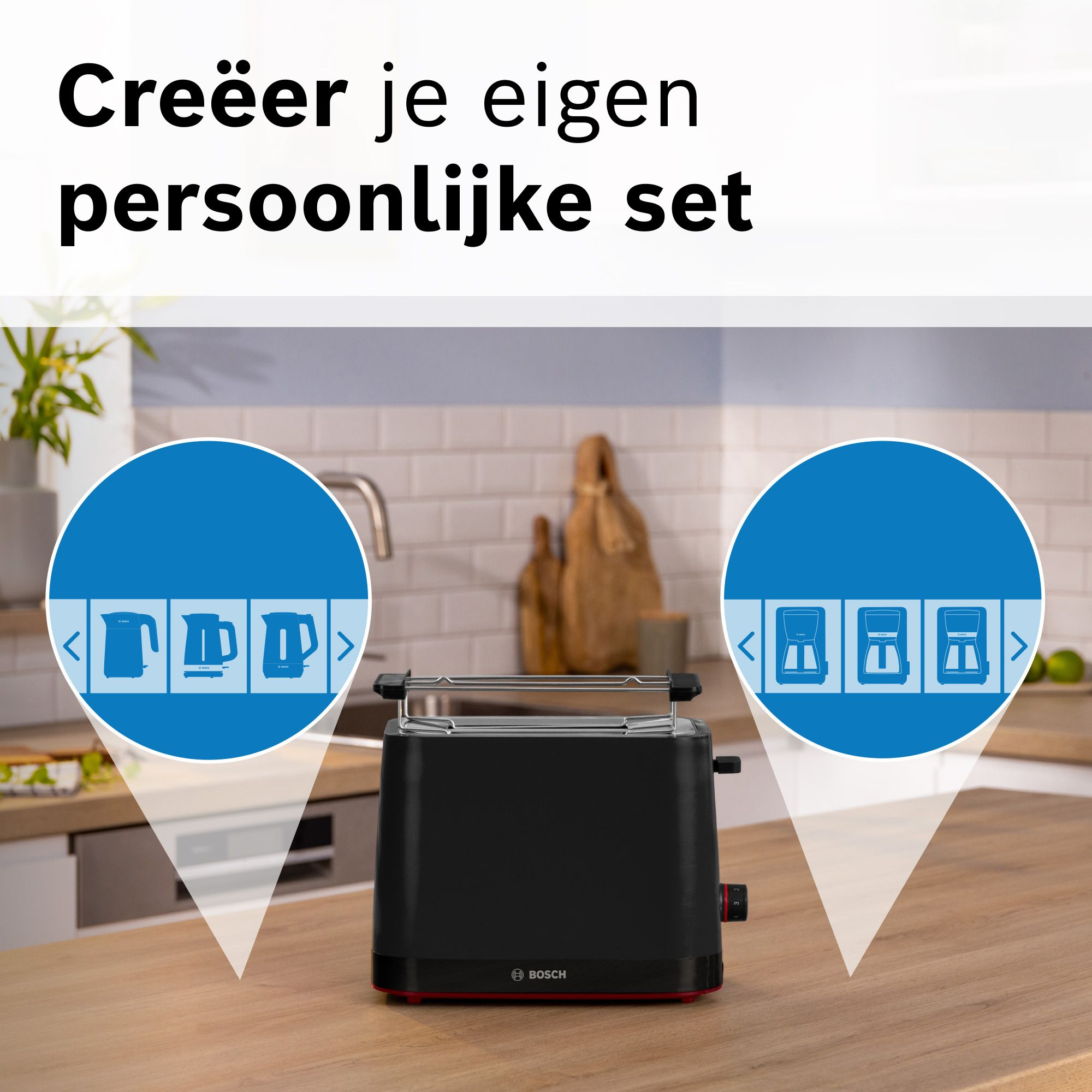 Ein schwarzer Bosch-Toaster auf einer Holzarbeitsfläche in einer Küche mit Auswahl-Icons.