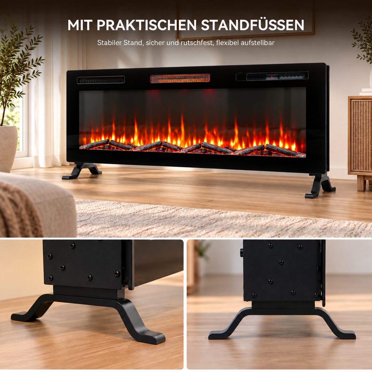 Elektrischer Kamin mit realistischen Flammen und stabilen schwarzen Standfüßen in einem modernem Raum.