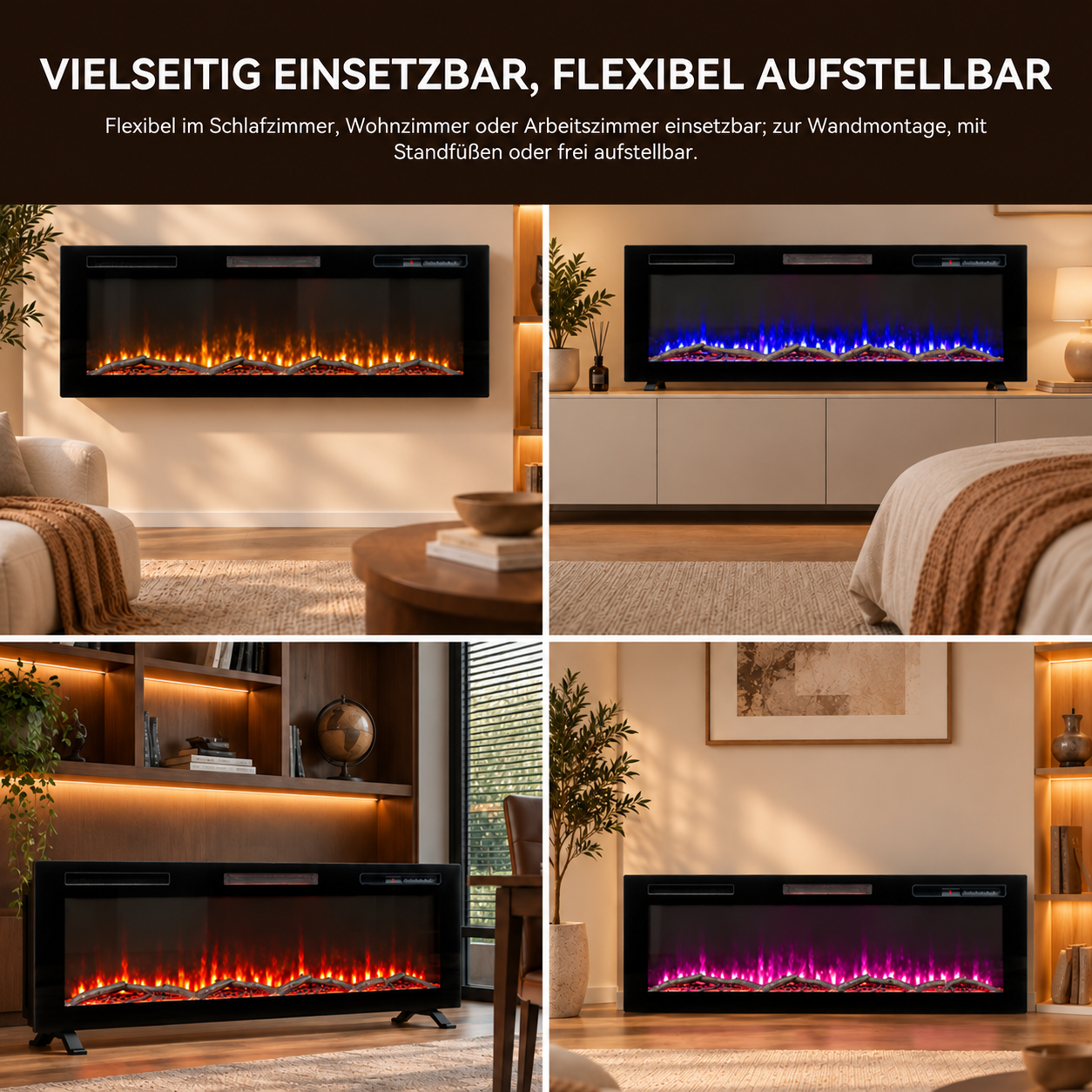 Vier Felder zeigen einen Elektrokamin in verschiedenen Räumen mit orangen, blauen und lila Flammen.