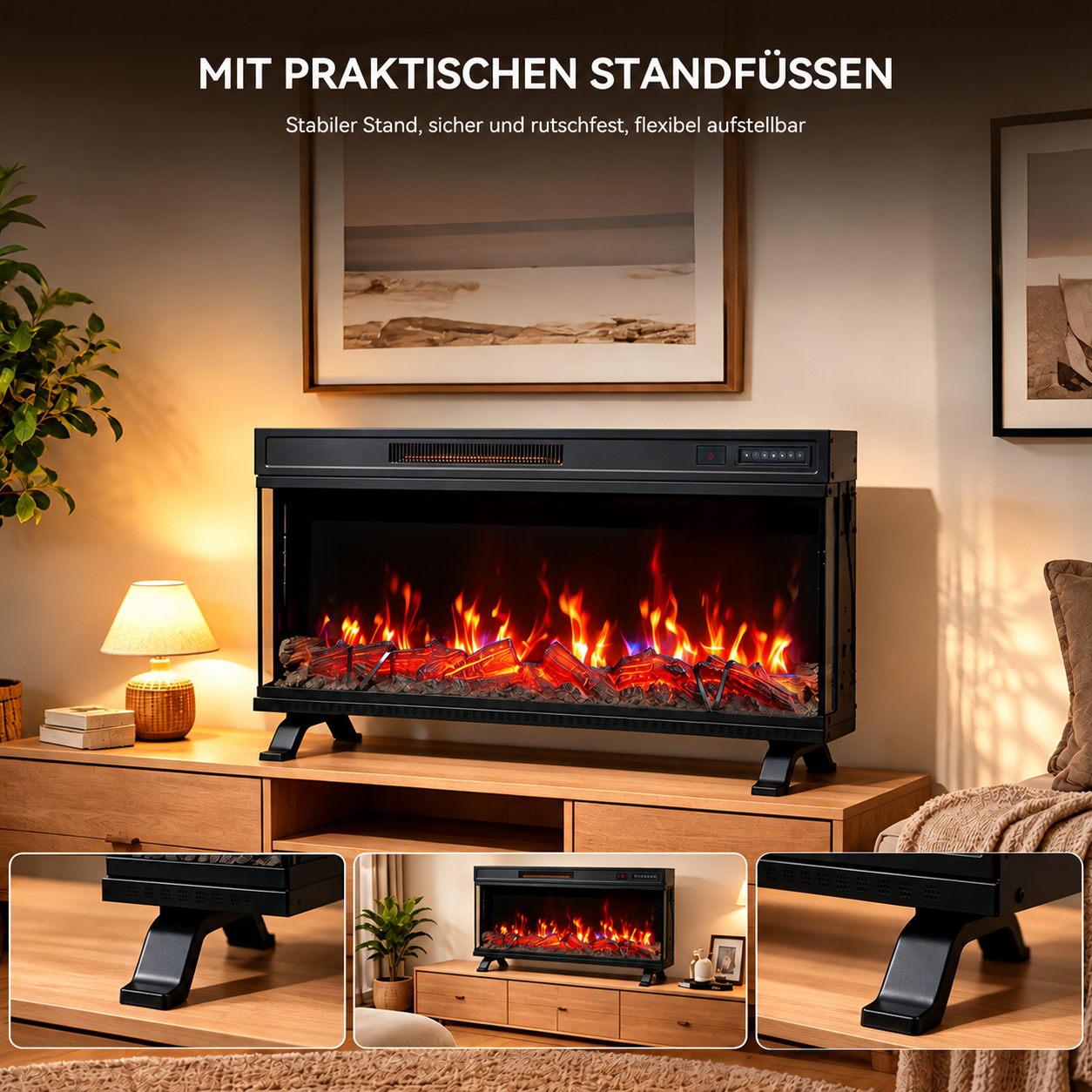 Moderner elektrischer Kamin auf einem Holzschrank mit künstlichen Flammen und Text.