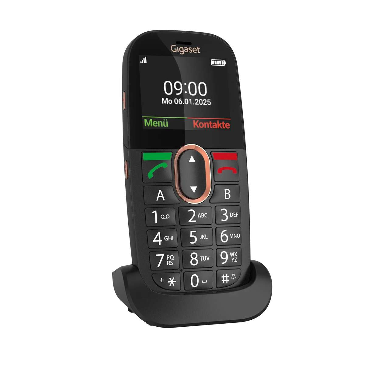 Telefono nero Gigaset per anziani su base di ricarica con tastiera grande.