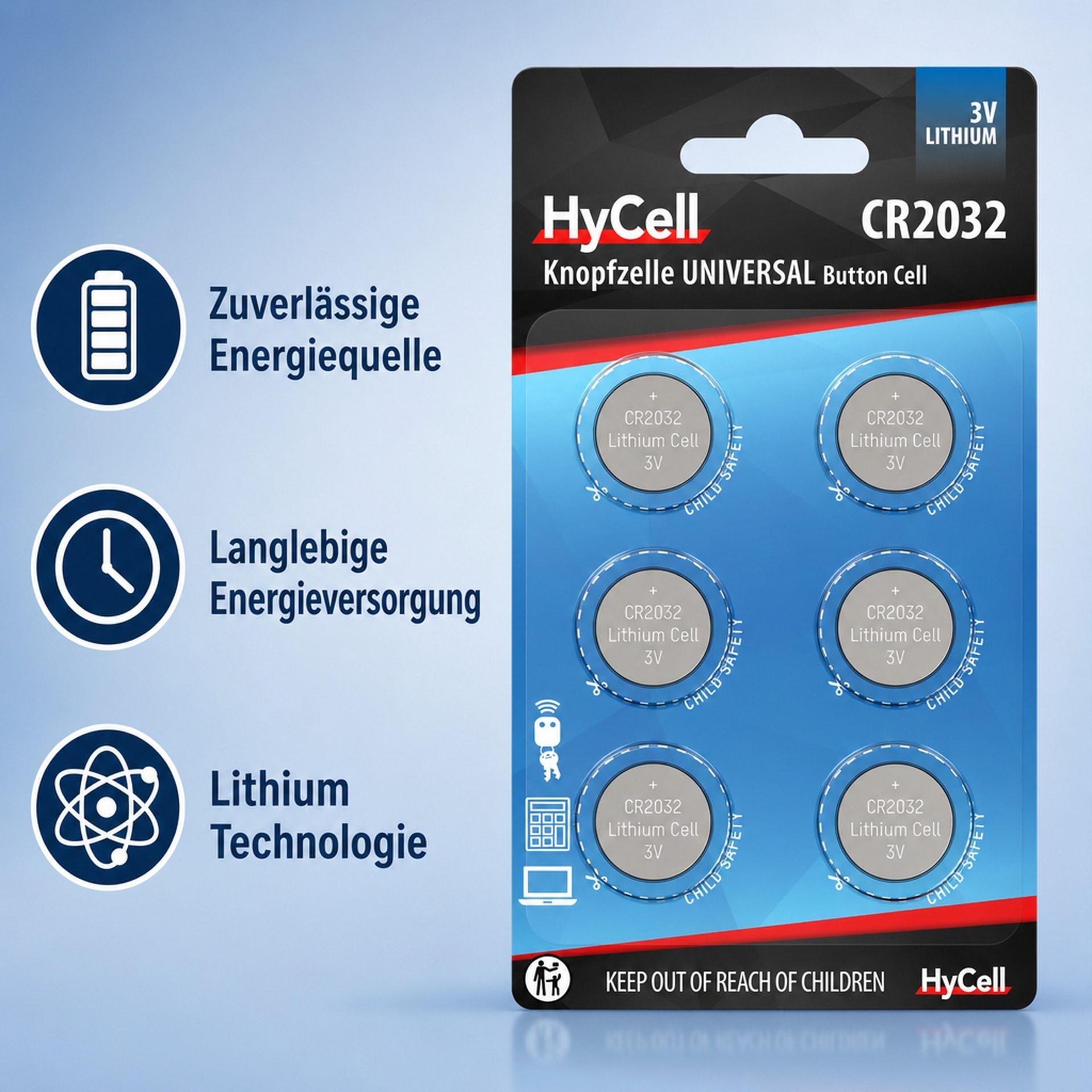 HyCell CR2032 Lithium-Knopfzellen in einer Blisterverpackung mit sechs Batterien und kindersicheren Symbolen.