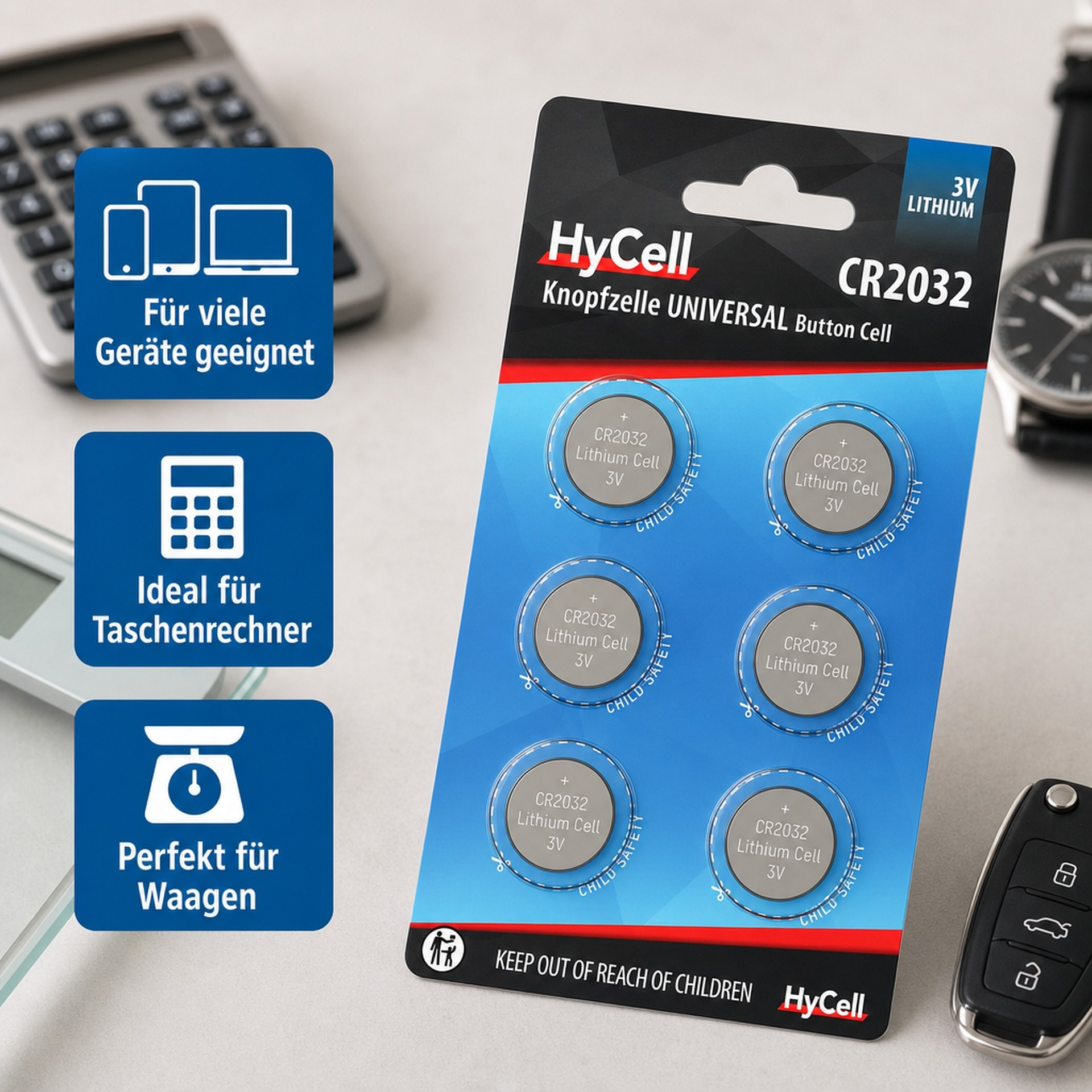 Sechs HyCell CR2032 Knopfzellen in einer Blisterverpackung auf einem Schreibtisch mit Taschenrechner und Uhr.