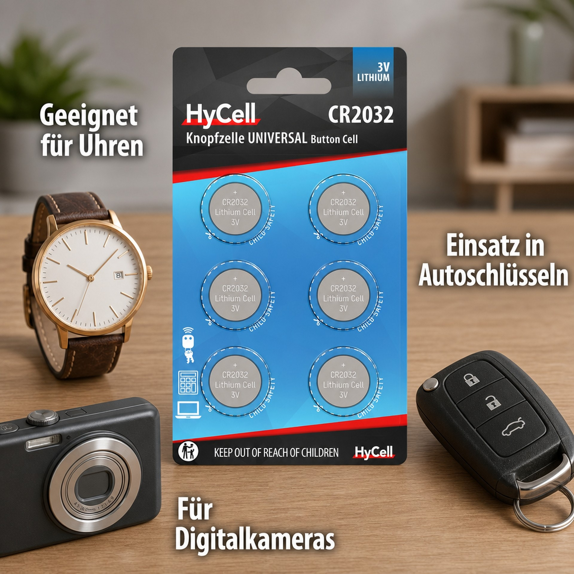 HyCell CR2032 Knopfzellen-Batteriepack mit Uhr, Autoschlüssel und Kamera auf Holztisch.