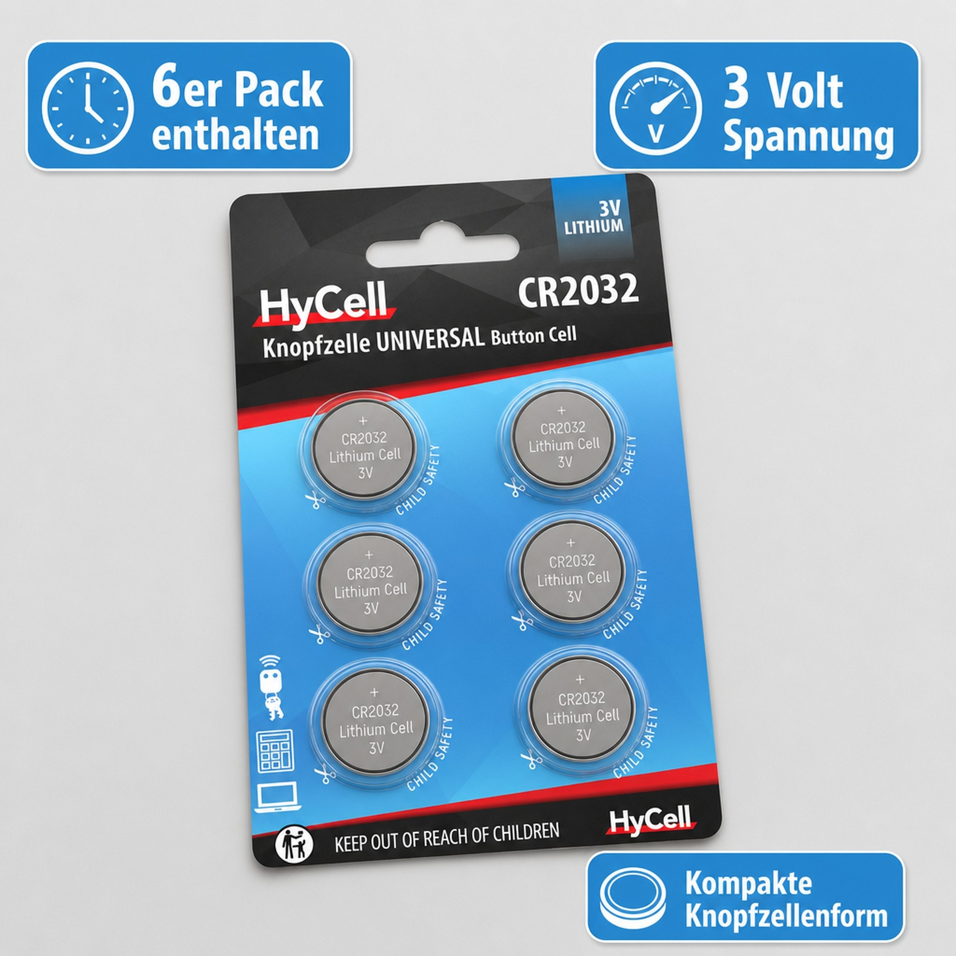 HyCell CR2032 Lithium-Knopfzellen im 6er-Pack auf blauer Blisterverpackung.