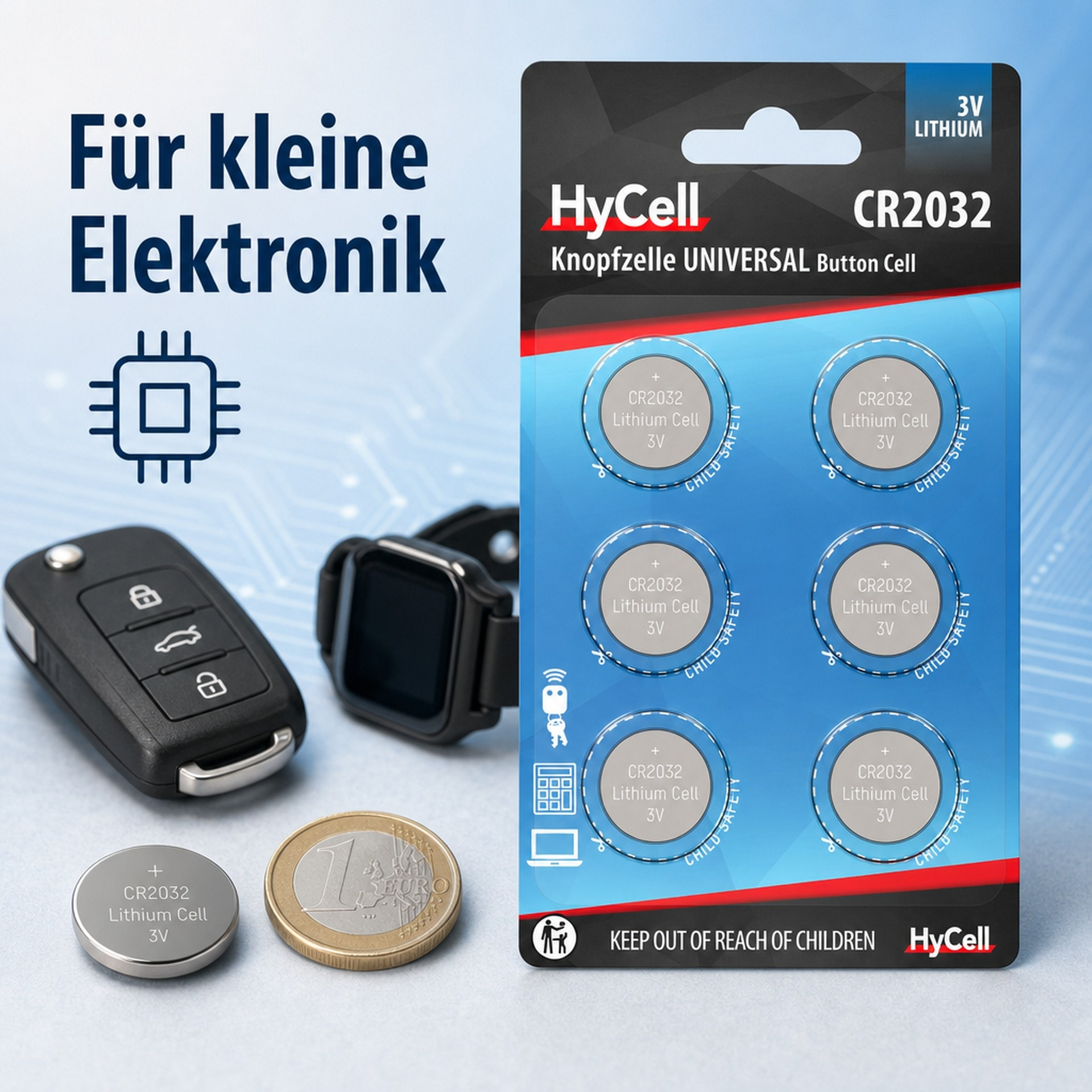 HyCell CR2032 Lithium-Knopfzellen-Blisterpackung mit einzelner Batterie, 1-Euro-Münze, Autoschlüssel und Smartwatch.