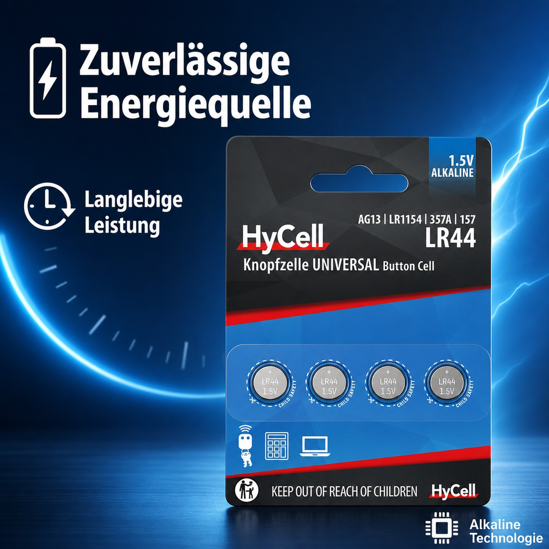 HyCell LR44 Knopfzellen in einer Verpackung vor blauem Hintergrund mit Text und elektrischen Effekten.