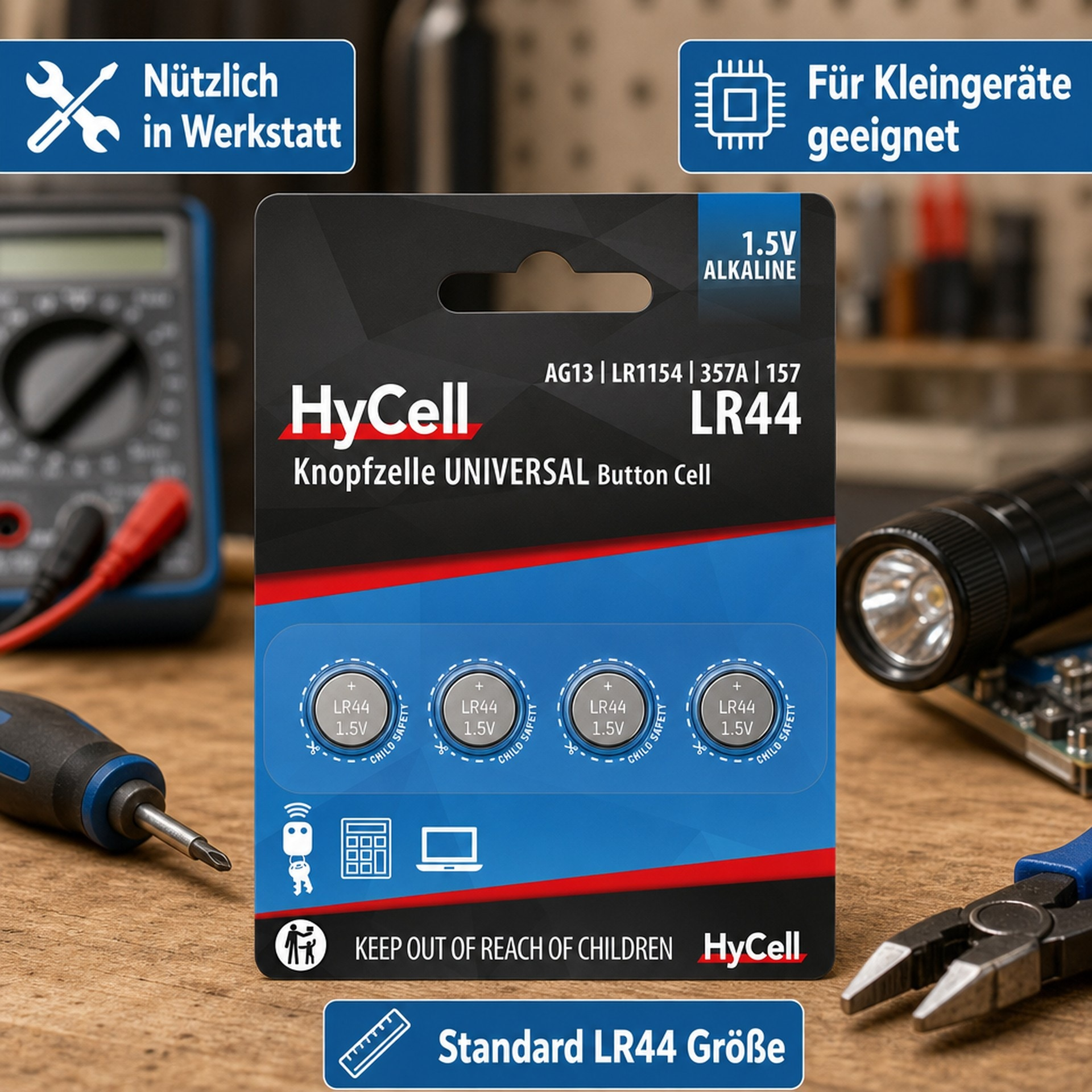 HyCell LR44 Knopfzellenverpackung auf Werkbank mit Werkzeug.