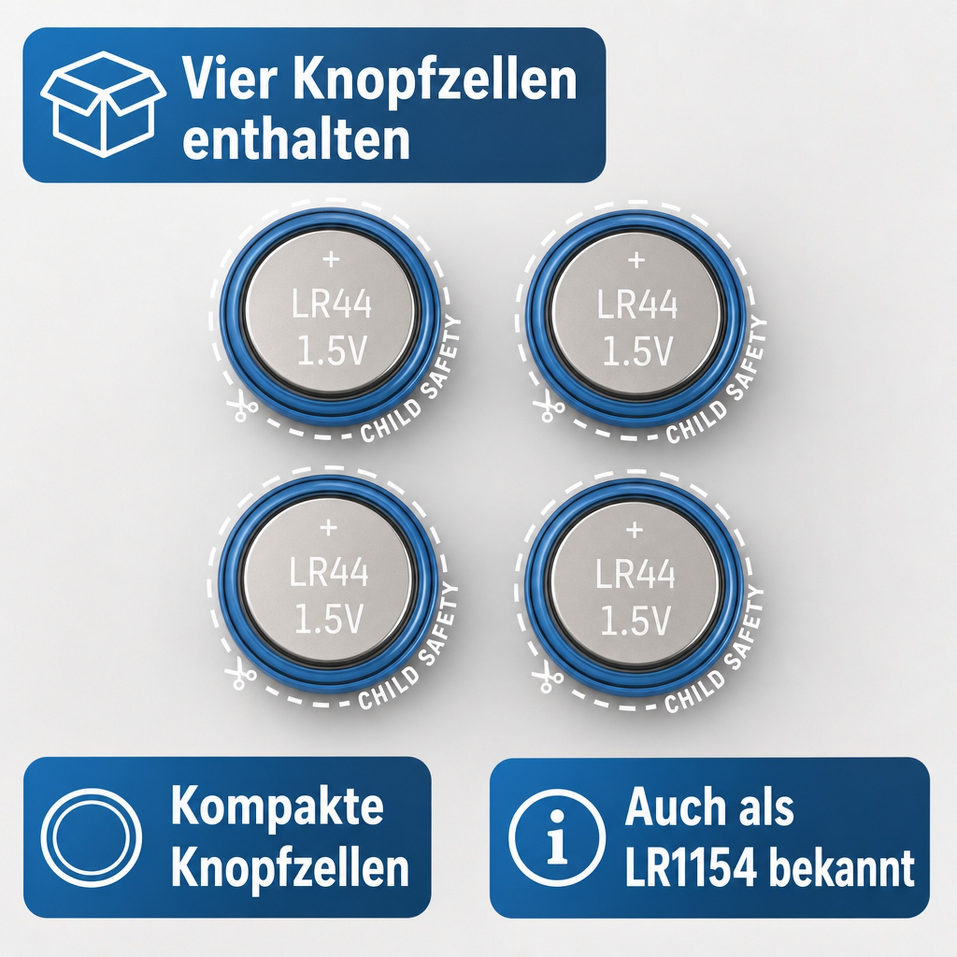 Vier LR44 1.5V Knopfzellen mit Kindersicherung auf weißem Hintergrund.