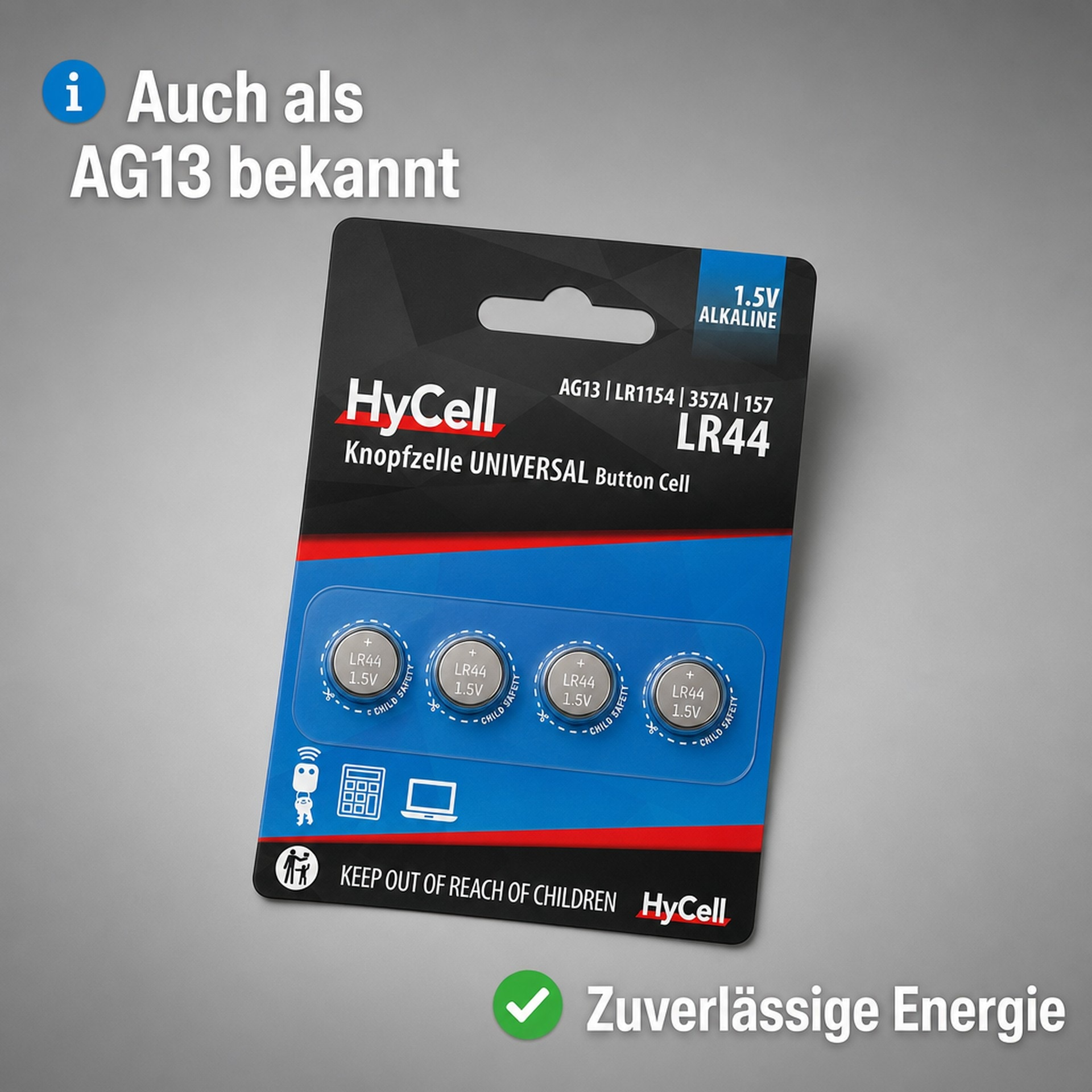 Verpackung mit vier LR44 Knopfzellen von HyCell auf grauem Hintergrund.