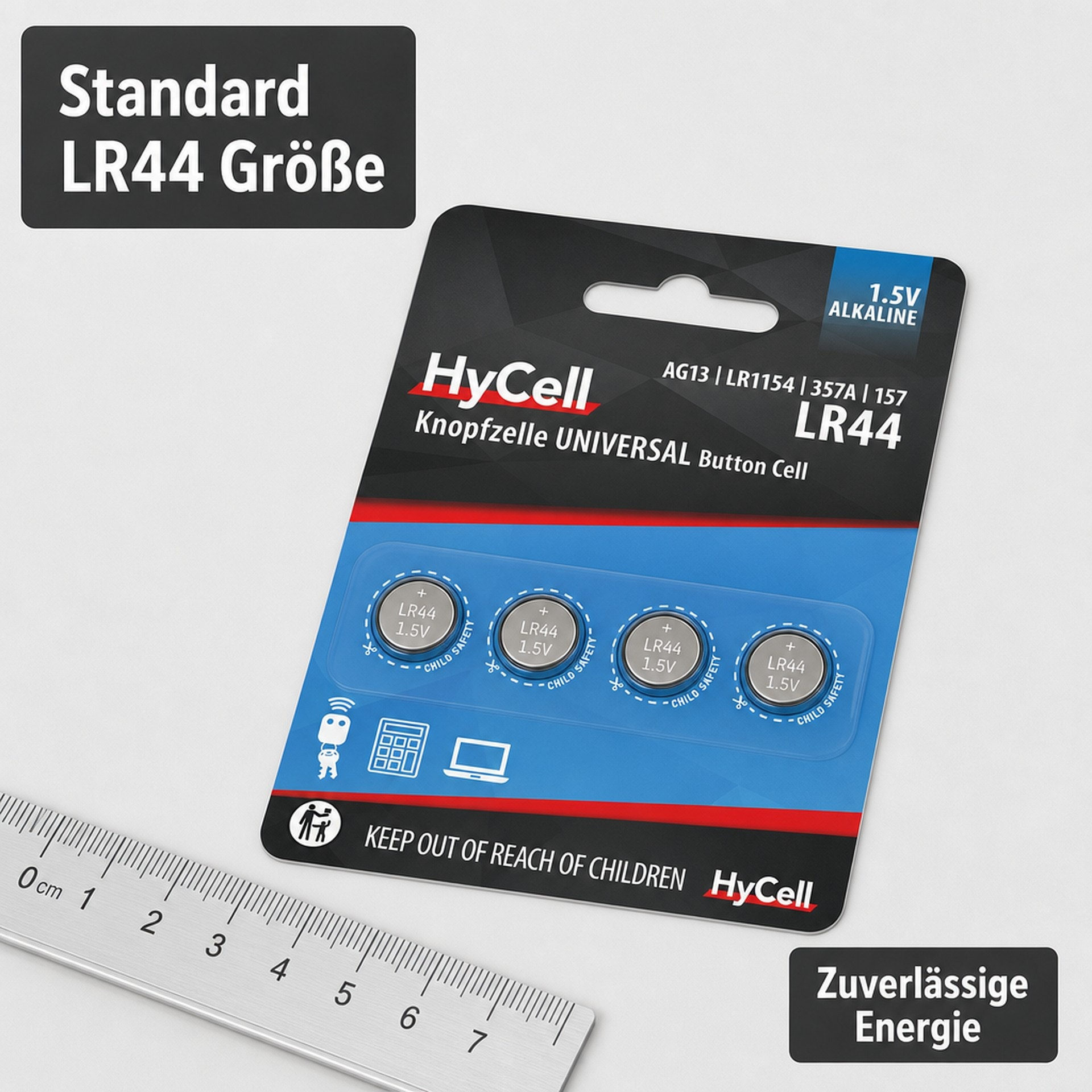 HyCell LR44 Knopfzellenverpackung mit vier Batterien, einem Maßband unten und deutschen Texten.