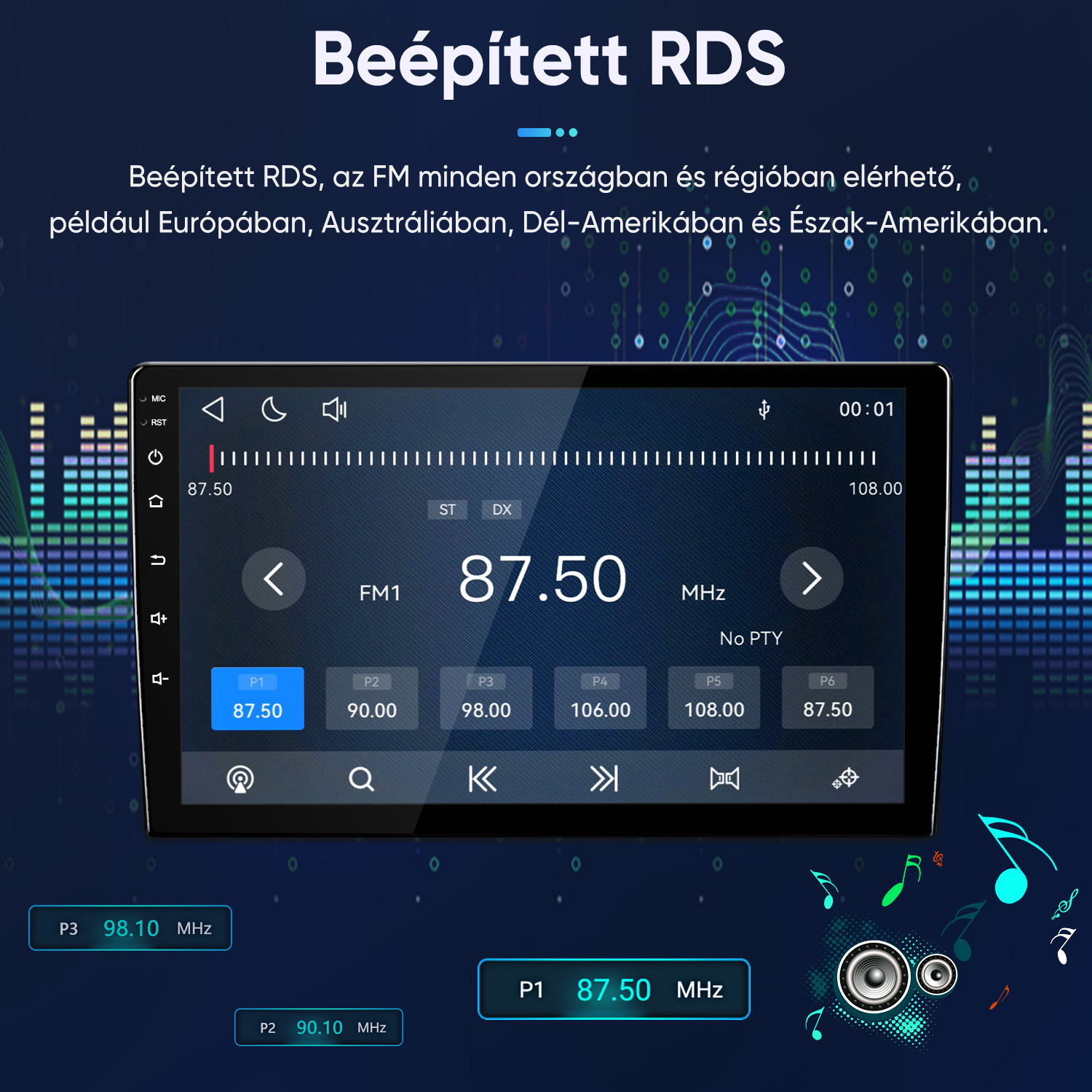 Autós hifi képernyő RDS FM rádió felülettel, kék háttérrel és zenei jegyekkel.