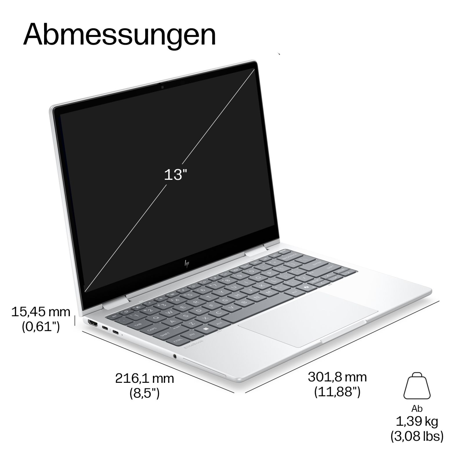 Laptop mit Abmessungen: 13 Zoll Display, 15,45 mm Dicke, 216,1 mm Tiefe, 301,8 mm Breite und ab 1,39 kg Gewicht.