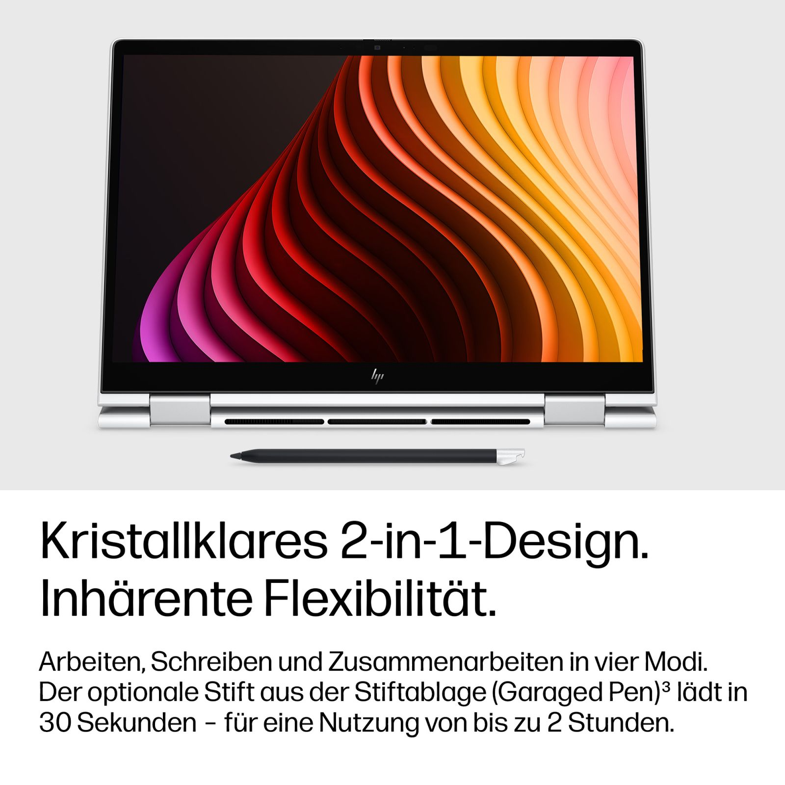 Ein weißer Laptop mit farbigem Bildschirm und einem Stift davor, begleitet von deutschem Text.