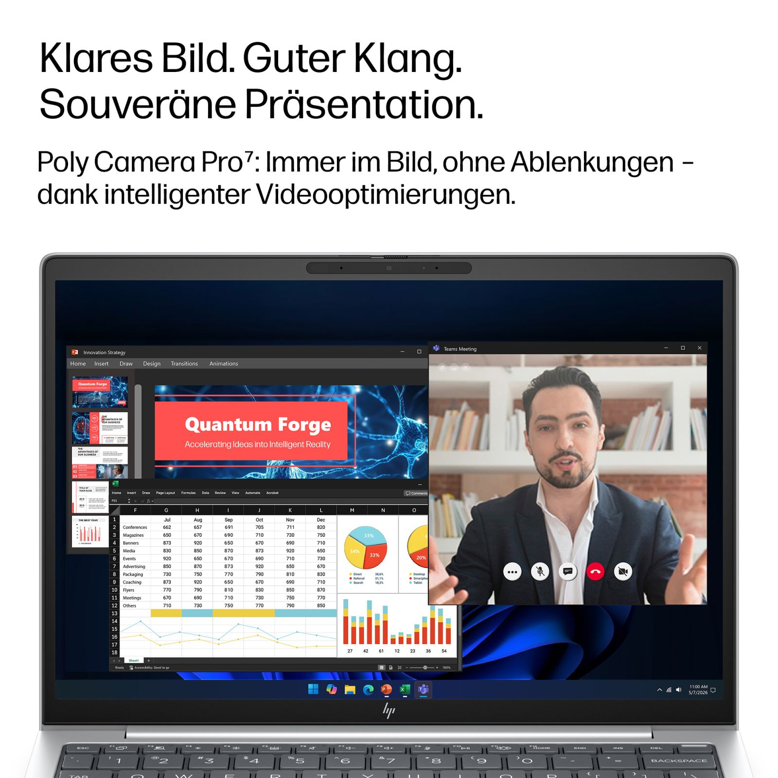 Laptop-Bildschirm zeigt eine Videokonferenz und Tabellenkalkulationen mit German Text.