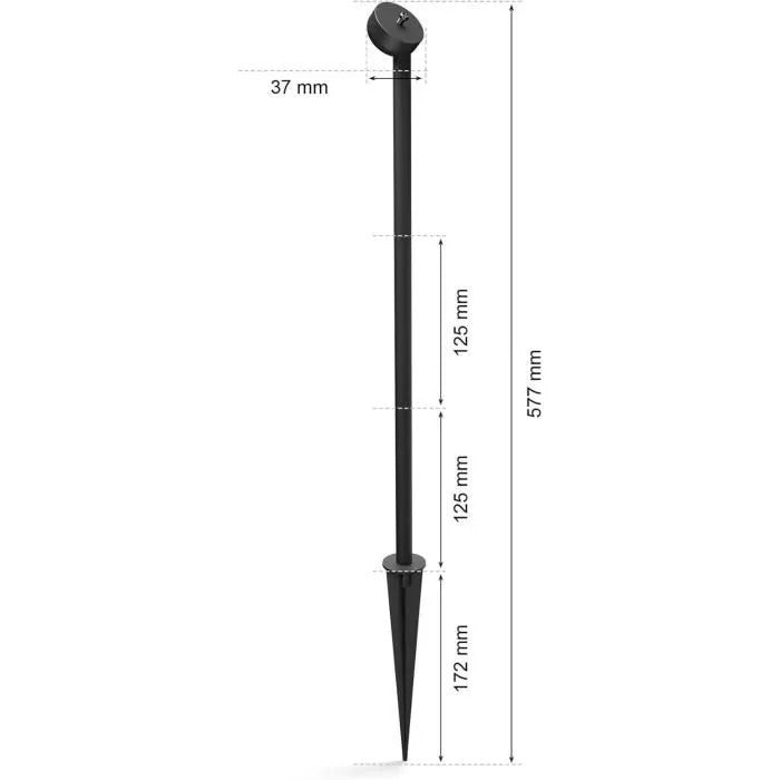 Technical drawing of a black garden spotlight ground spike with dimensions in millimeters.
