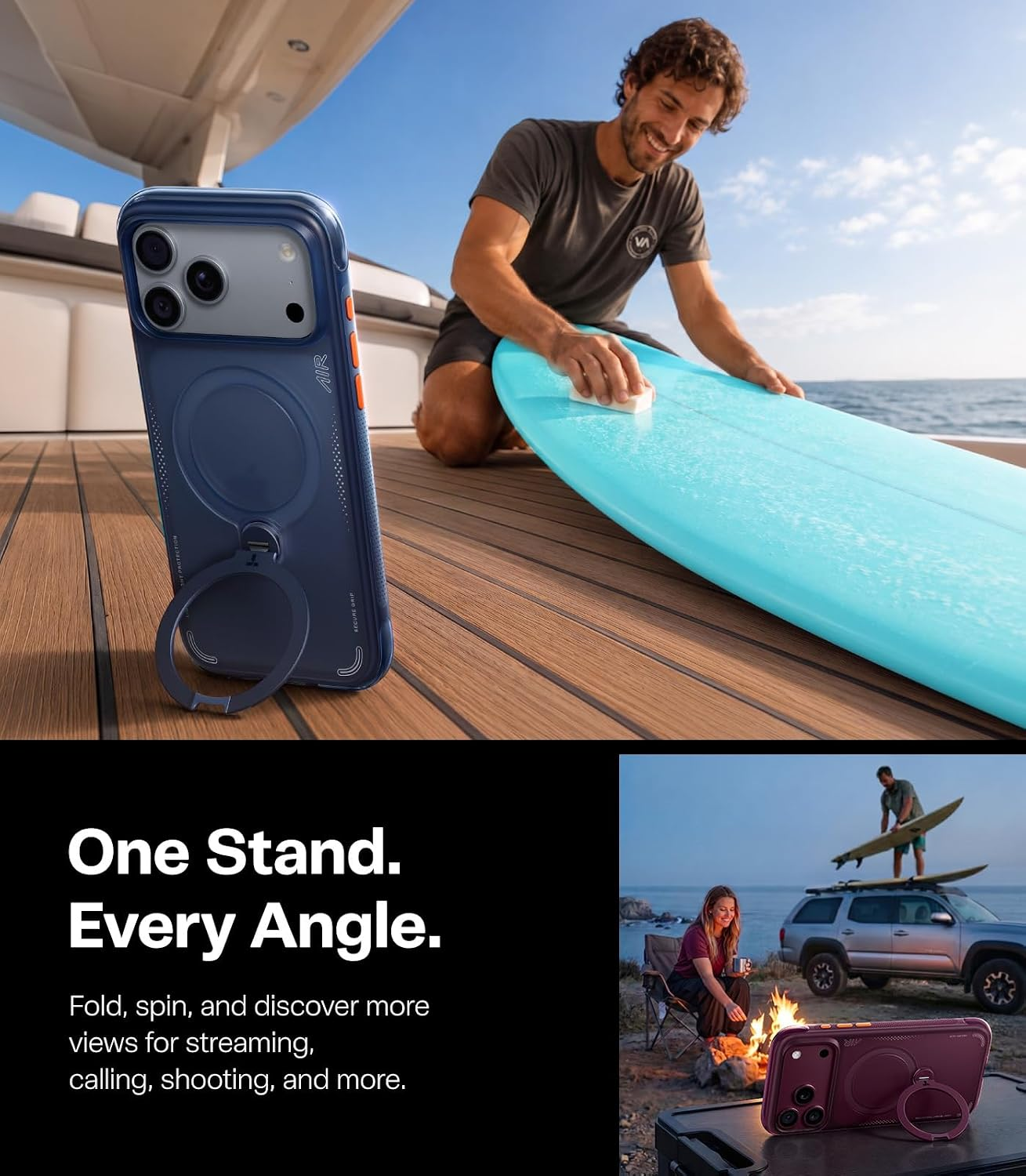 Eine Handyk Hülle mit Ringhalter steht auf Holz, während ein Mann im Hintergrund ein Surfbrett wächst.