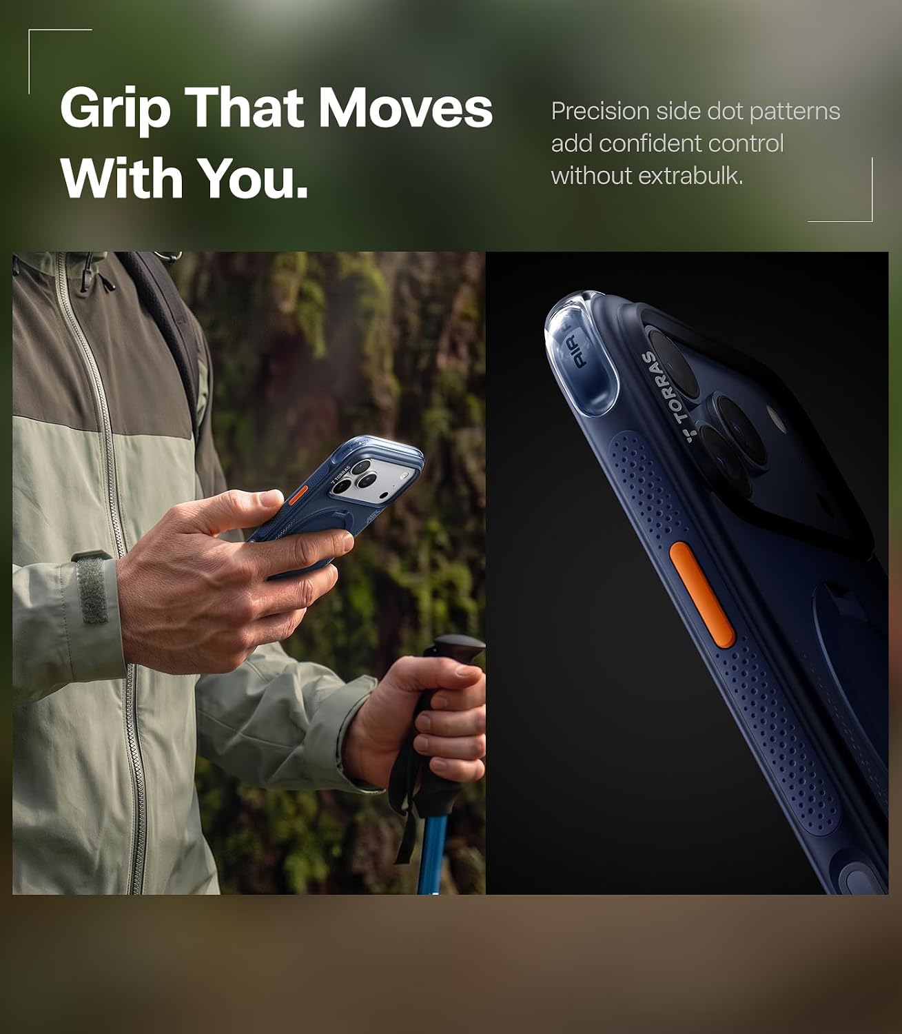 Eine Person hält beim Wandern ein blaues Handy mit orangem Knopf, Nahaufnahme des Griffmusters.