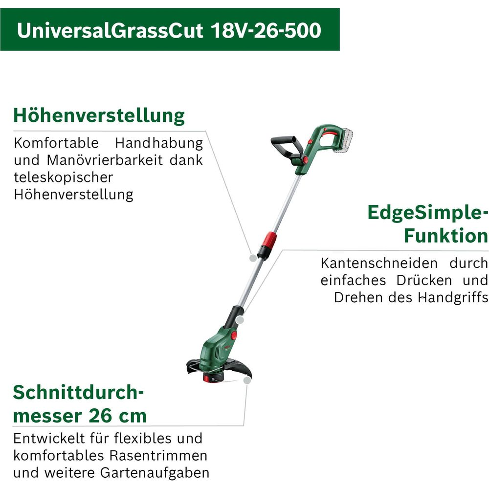 Bosch UniversalGrassCut 18V-26-500 Rasentrimmer mit höhenverstellbarem Teleskopstiel und 26 cm Schnittdurchmesser.