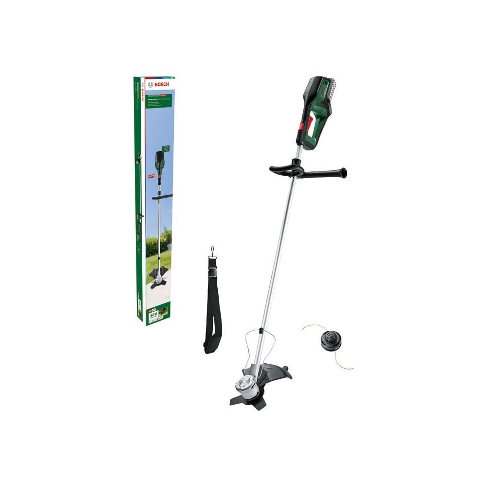 Grüner Bosch Akku-Rasentrimmer mit Zubehör und Verpackung auf weißem Hintergrund.