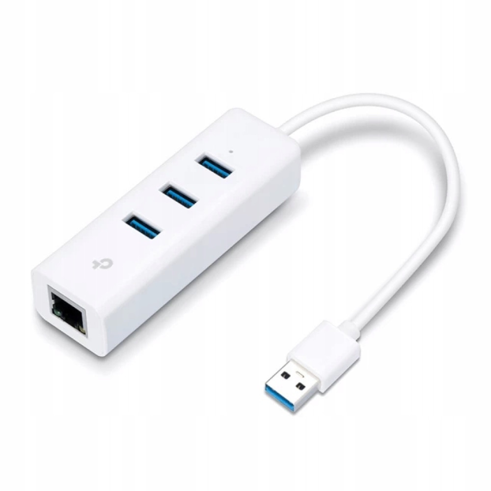 Biały hub USB z trzema portami i portem Ethernet, połączony białym kablem ze złączem USB na białym tle.