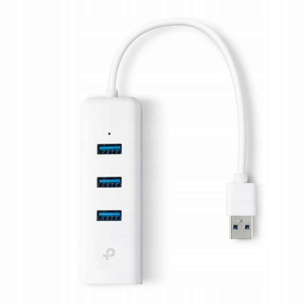 Biały hub USB z trzema niebieskimi portami i krótkim, wygiętym kablem na białym tle.