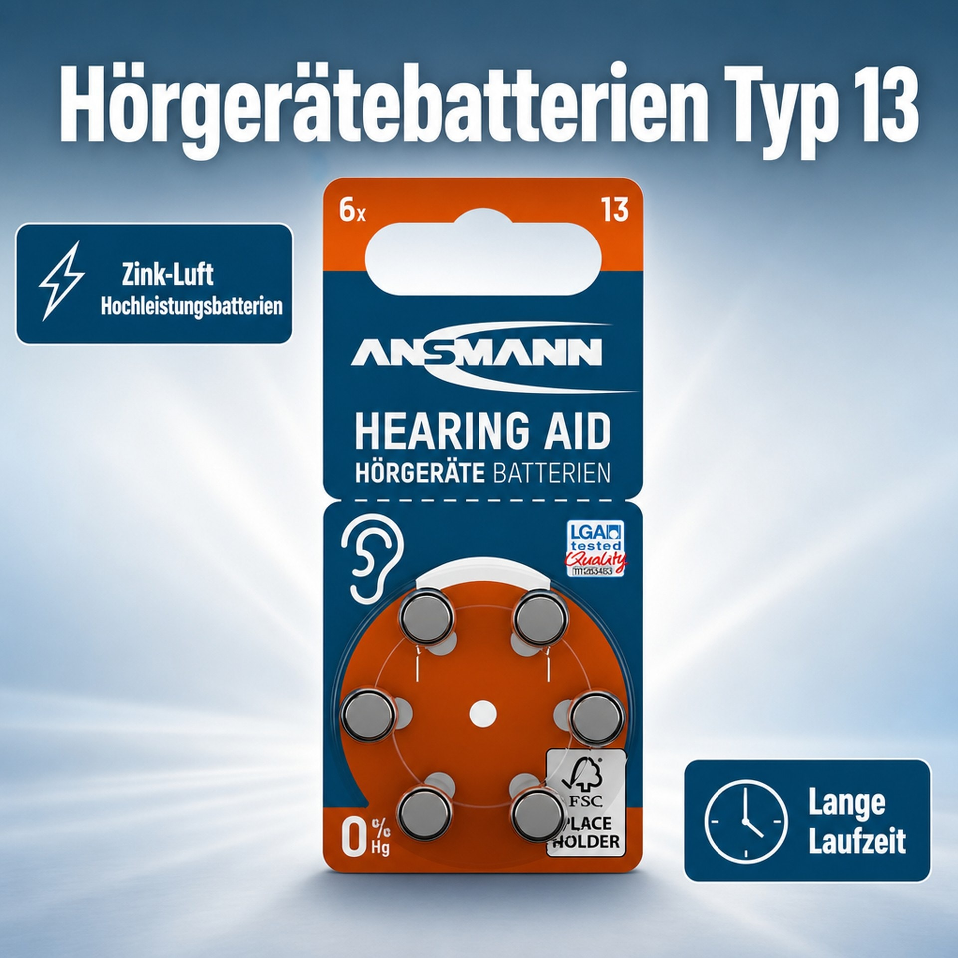 Ansmann hearing aid batteries type 13 in orange and blue packaging with six button cells.