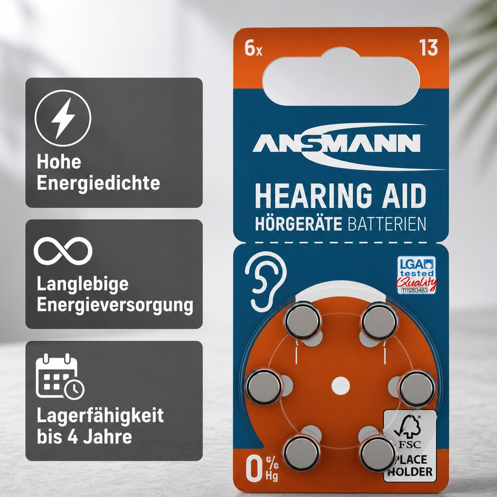 Ansmann hearing aid batteries in blue and orange packaging featuring six button cell batteries.