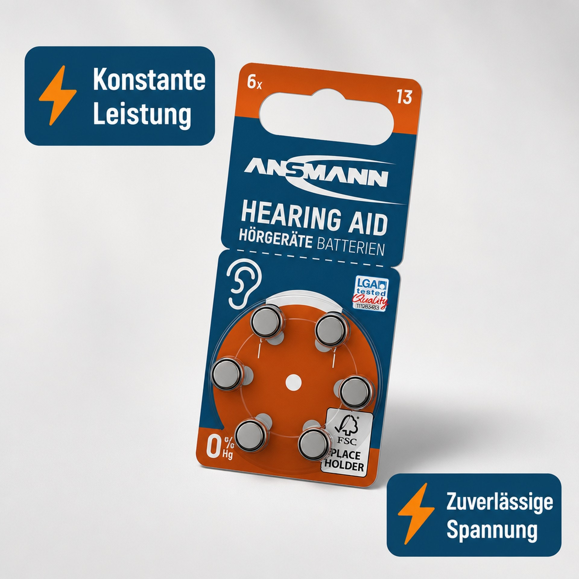 Ansmann hearing aid batteries size 13 in a blister pack with six silver button cells.