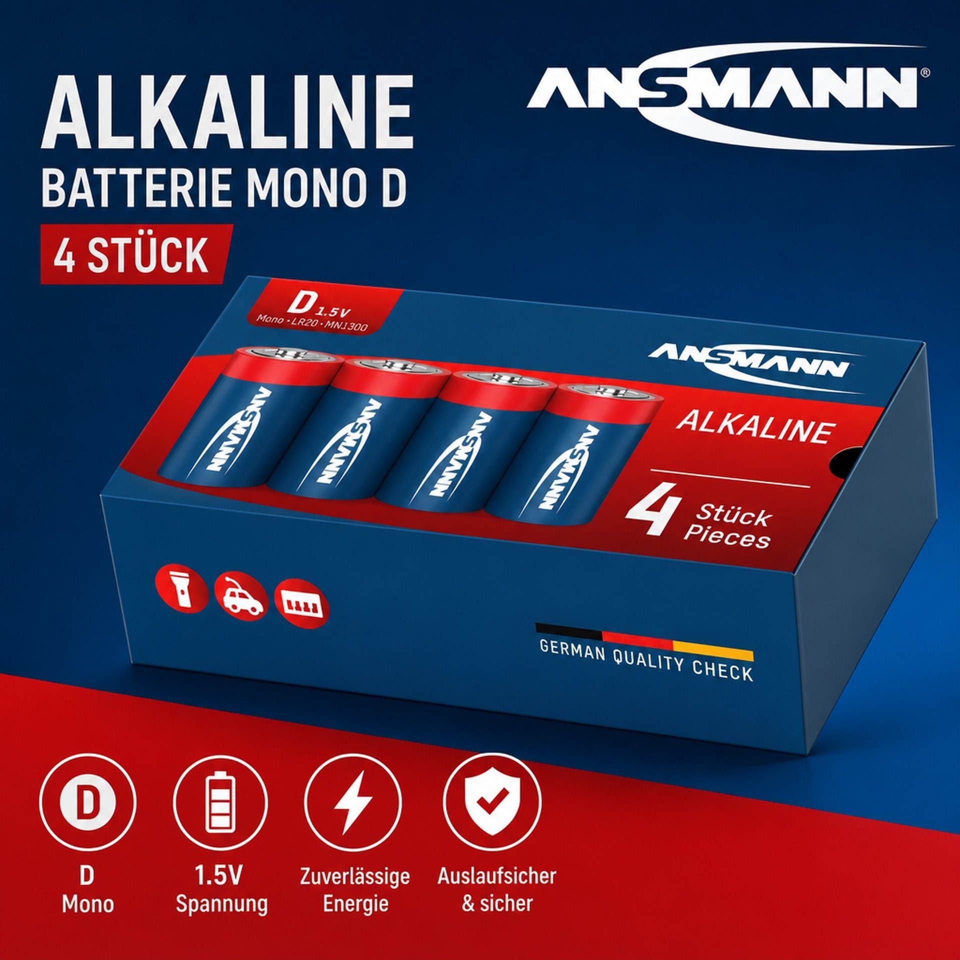 Pack de 4 piles Ansmann Alkaline Mono D en bleu et rouge.