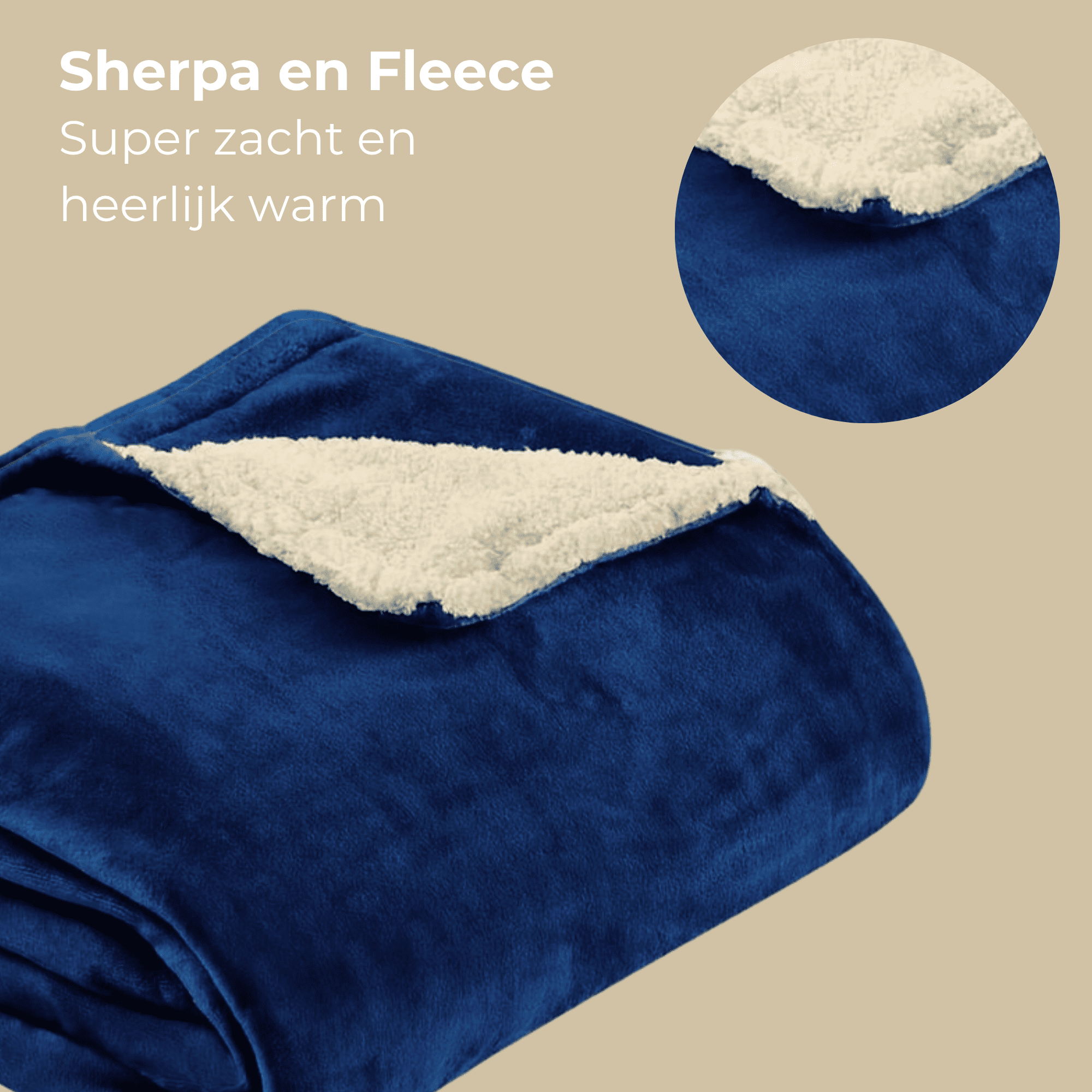 Blaue Fleece-Decke mit weißer Sherpa-Innenseite und Text.