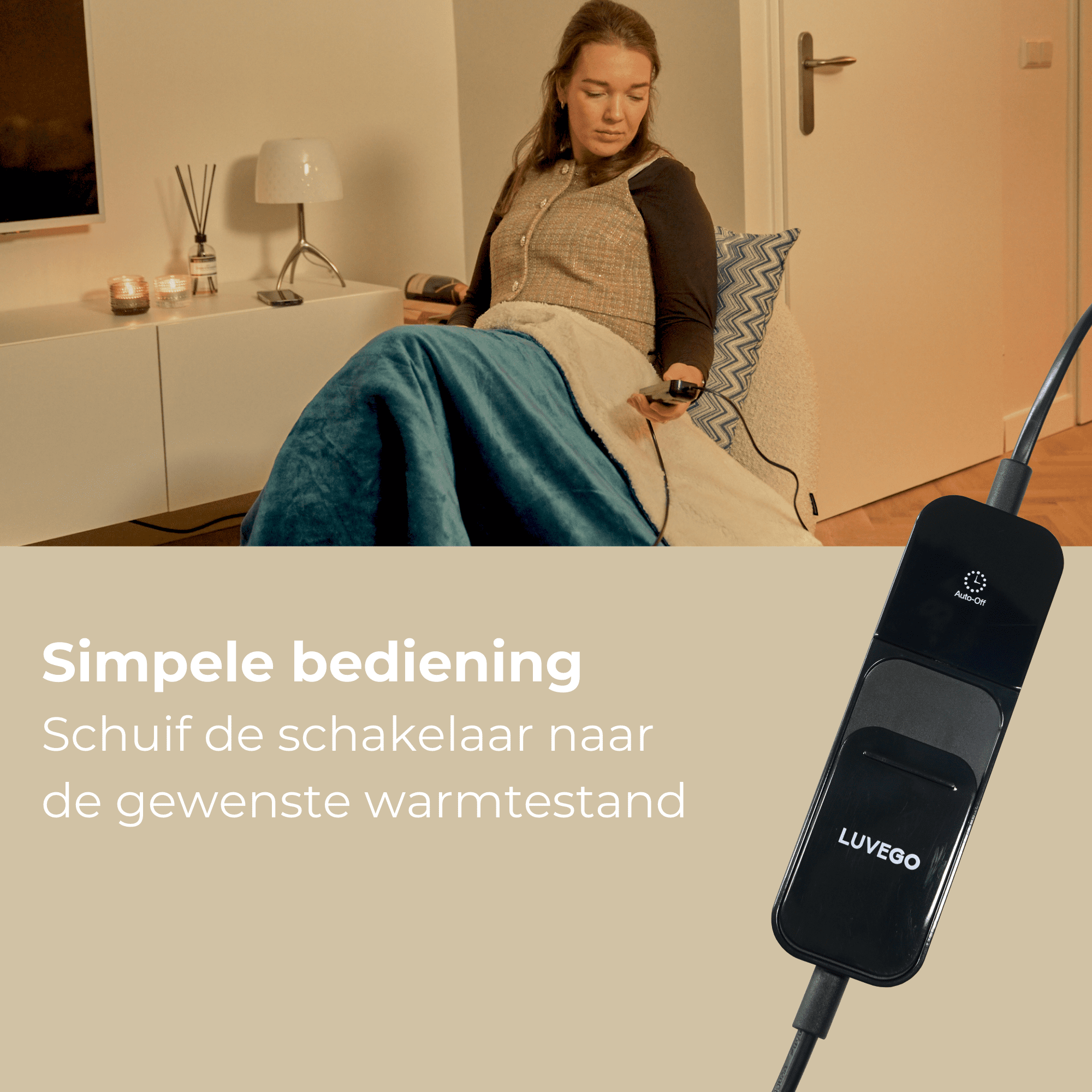 Eine Frau sitzt gemütlich unter einer Heizdecke und hält die Steuerung. Text zeigt einfache Bedienung.