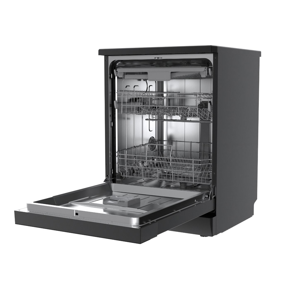 A black dishwasher with its door open reveals the silver racks and interior.