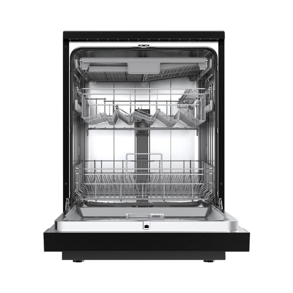 An open black dishwasher with empty stainless steel racks and an open door showing the interior.