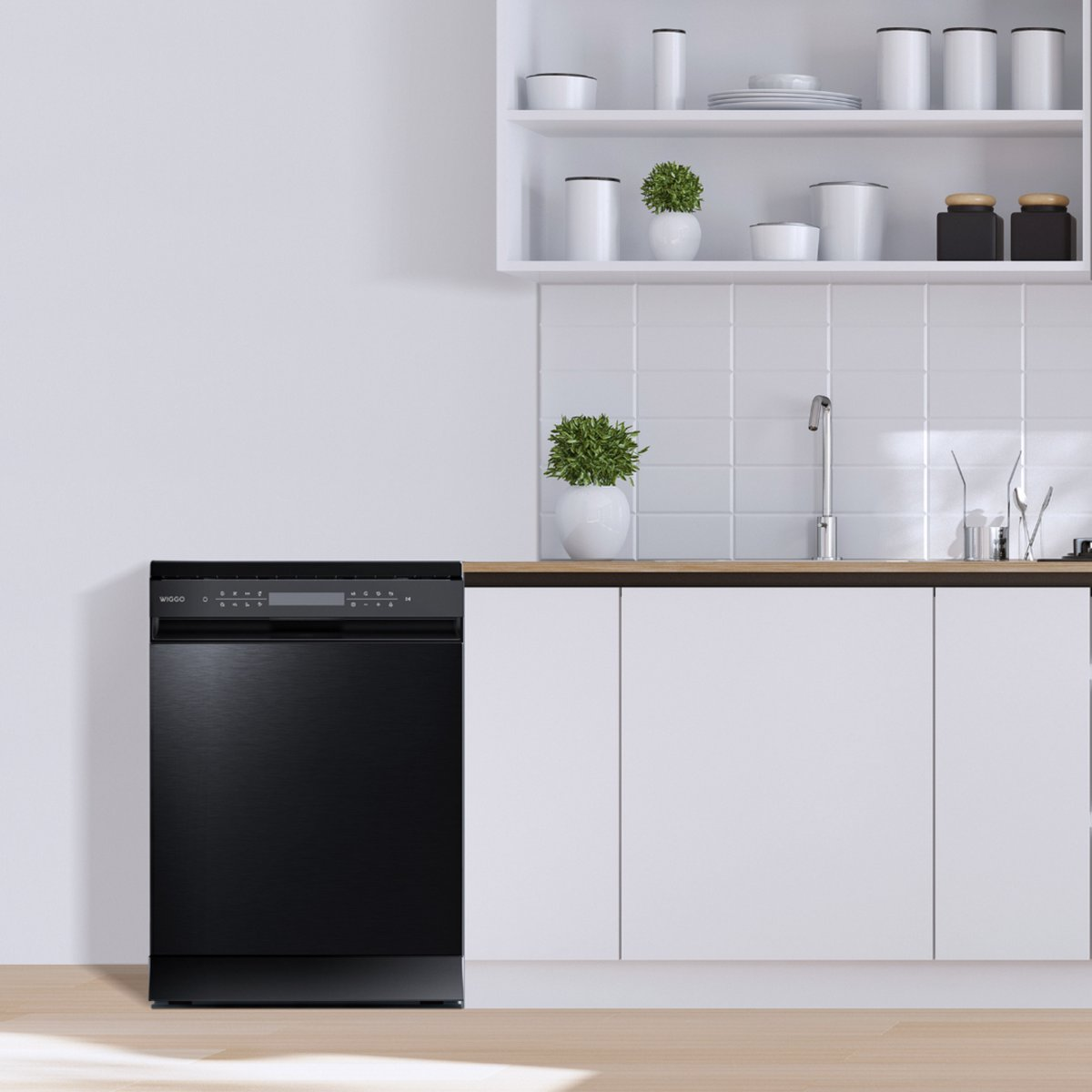 Black dishwasher in a modern white kitchen with wood countertop and shelves.