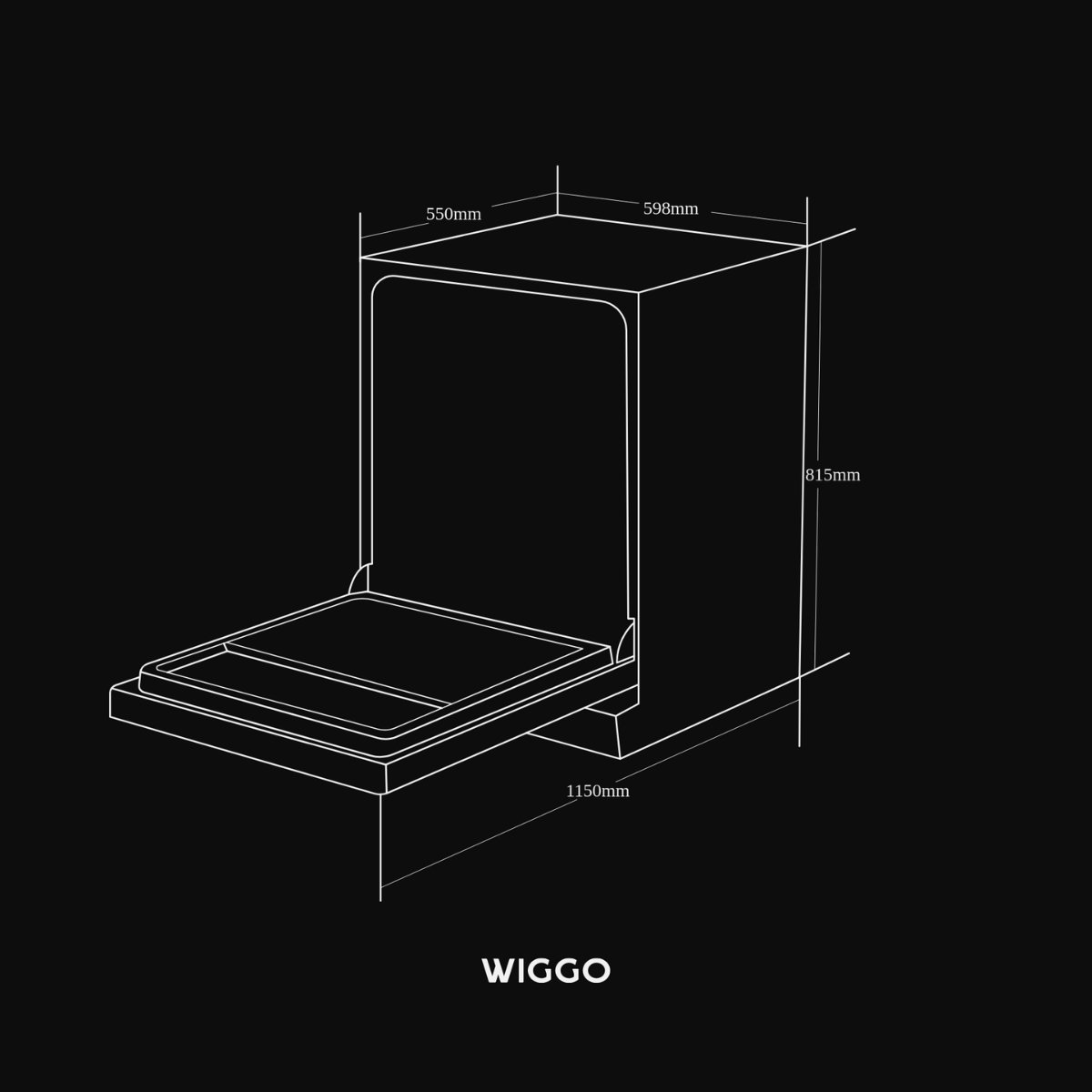 Line drawing of a dishwasher with open dimensions on black background and Wiggo logo.