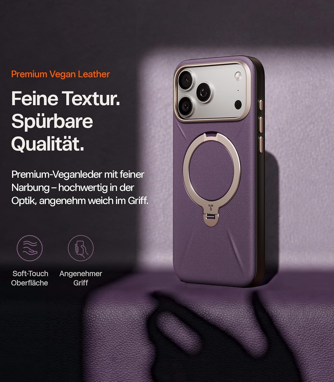 Ein lilafarbenes Smartphone-Case aus veganem Leder mit integriertem MagSafe-Ring und Kamerabad.