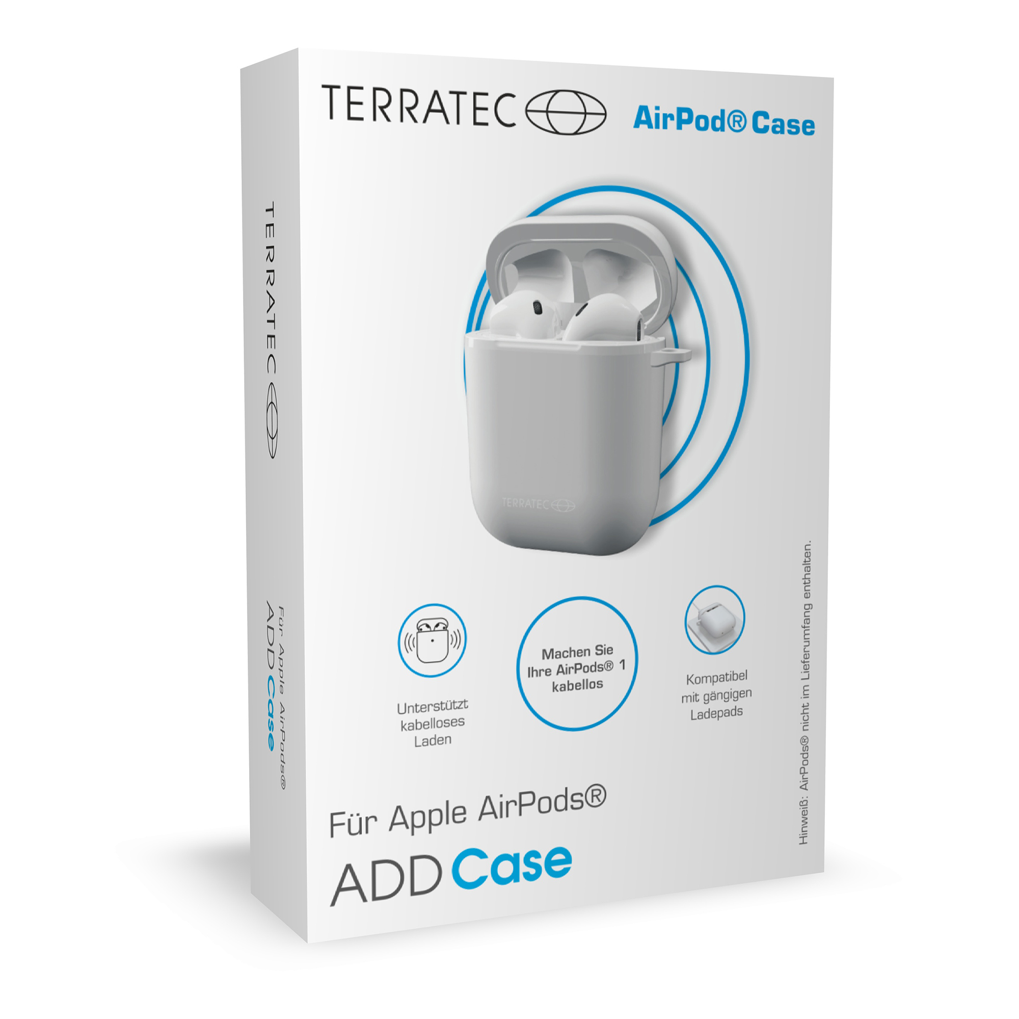 Produktverpackung für ein weißes Terratec AirPod Case mit Symbolen und Text.