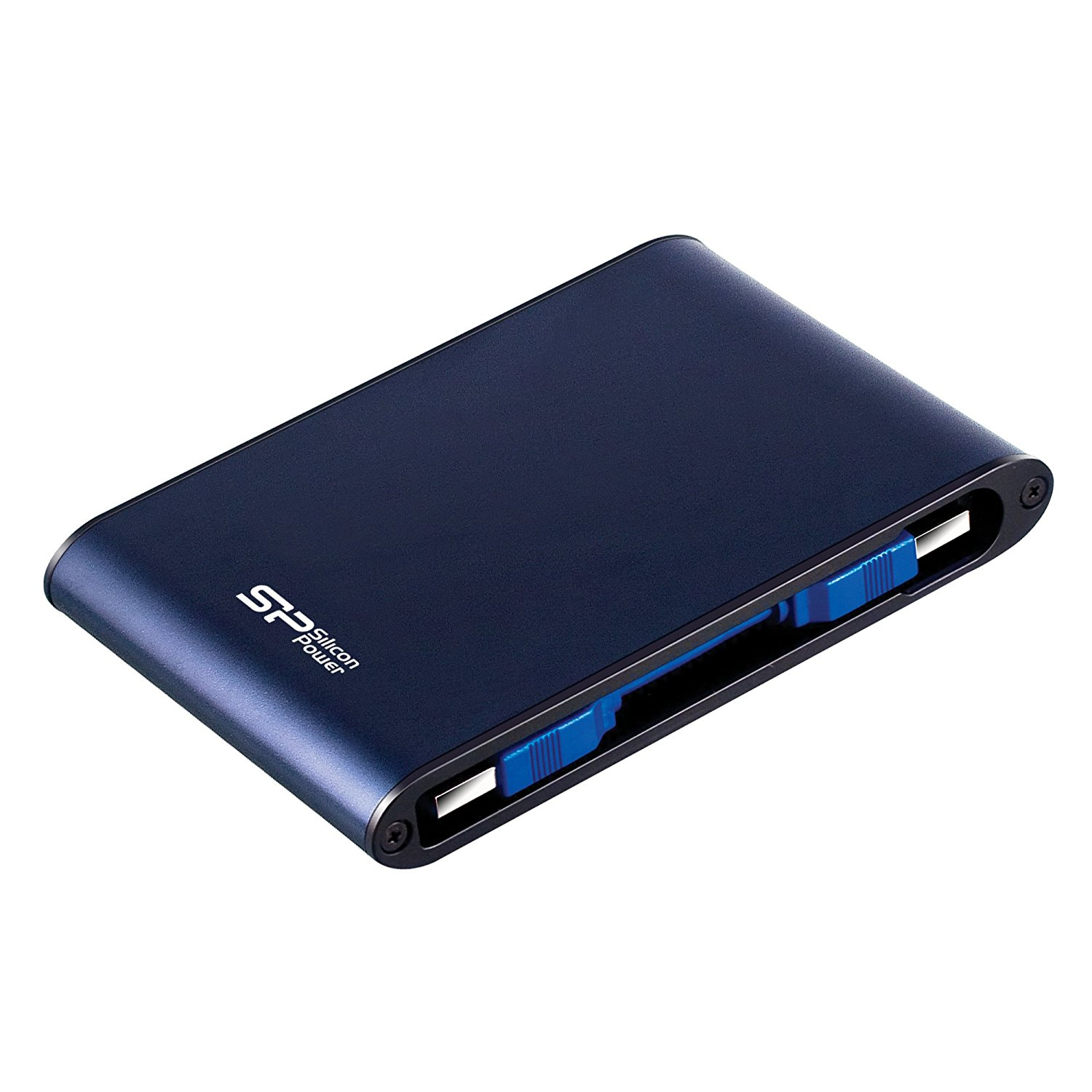 Blaues Silicon Power USB-Laufwerk mit integrierten Steckern auf weißem Hintergrund.