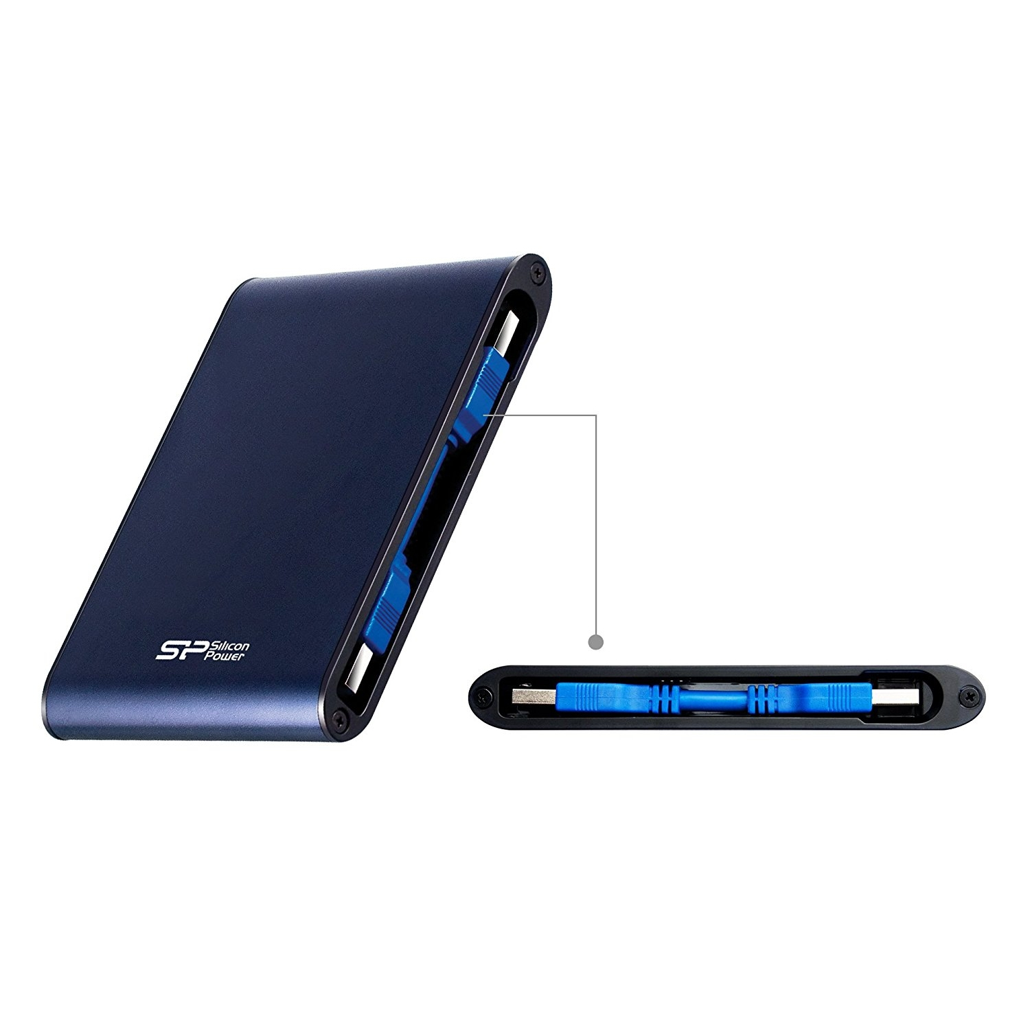 Blaue externe Festplatte mit integriertem blauen USB-Kabel, weißer Hintergrund.