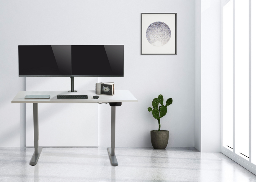 Moderne lichte werkplek met bureau, twee monitoren, een kleine cactus en een ingelijst kunstwerk aan de muur.