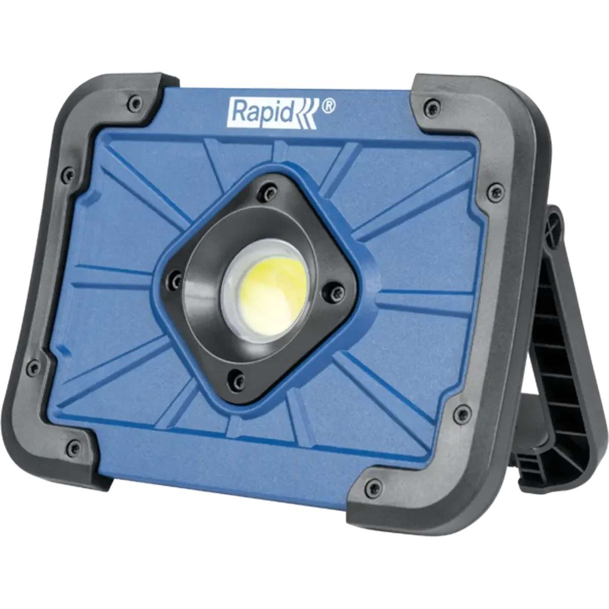 Blaue Arbeitsleuchte mit schwarzem Rahmen und hellem LED-Licht in der Mitte auf weißem Hintergrund.