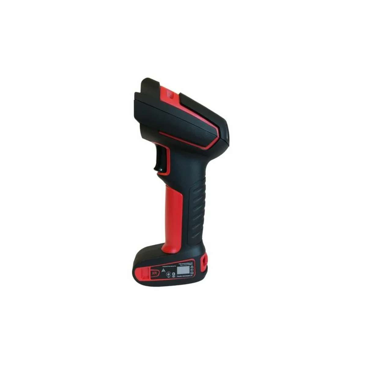 Ein schwarz-roter Handheld-Barcode-Scanner mit strukturiertem Griff vor weißem Hintergrund.