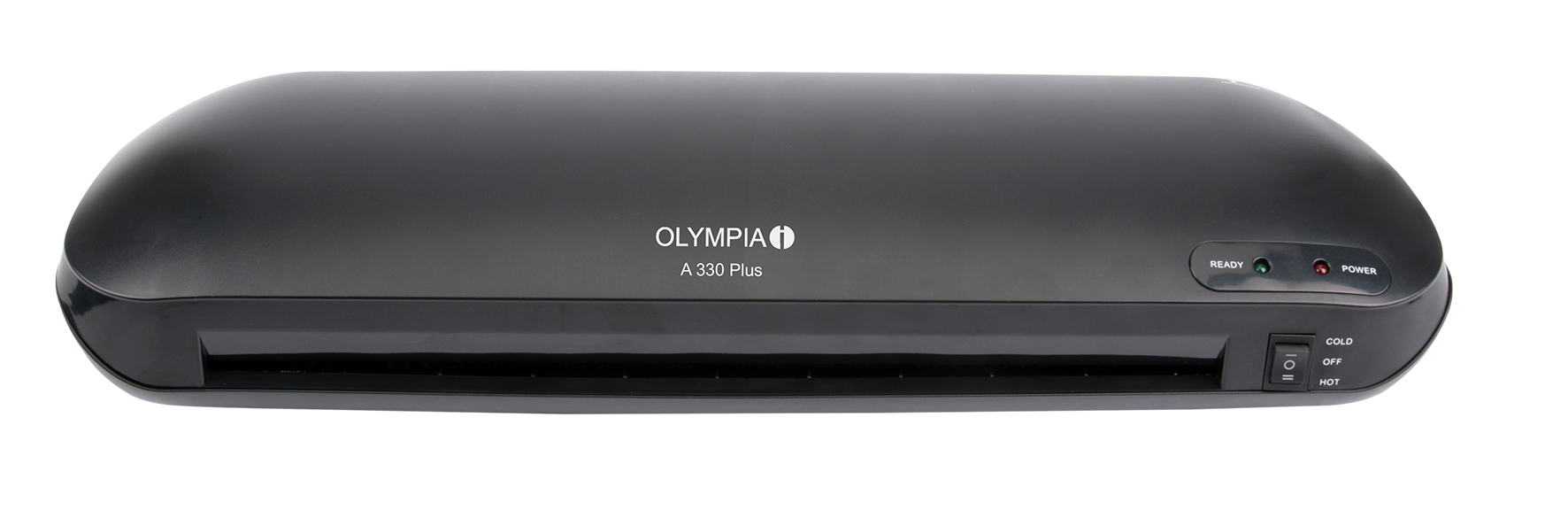 Schwarzes Olympia A 330 Plus Laminiergerät auf weißem Hintergrund mit Ein- und Ausschalter.