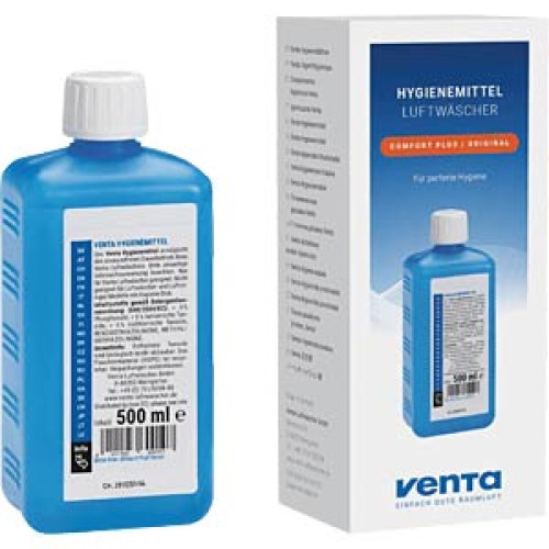 Blaue Venta Hygienemittel Flasche mit weißem Deckel und passender weißer Produktverpackung.