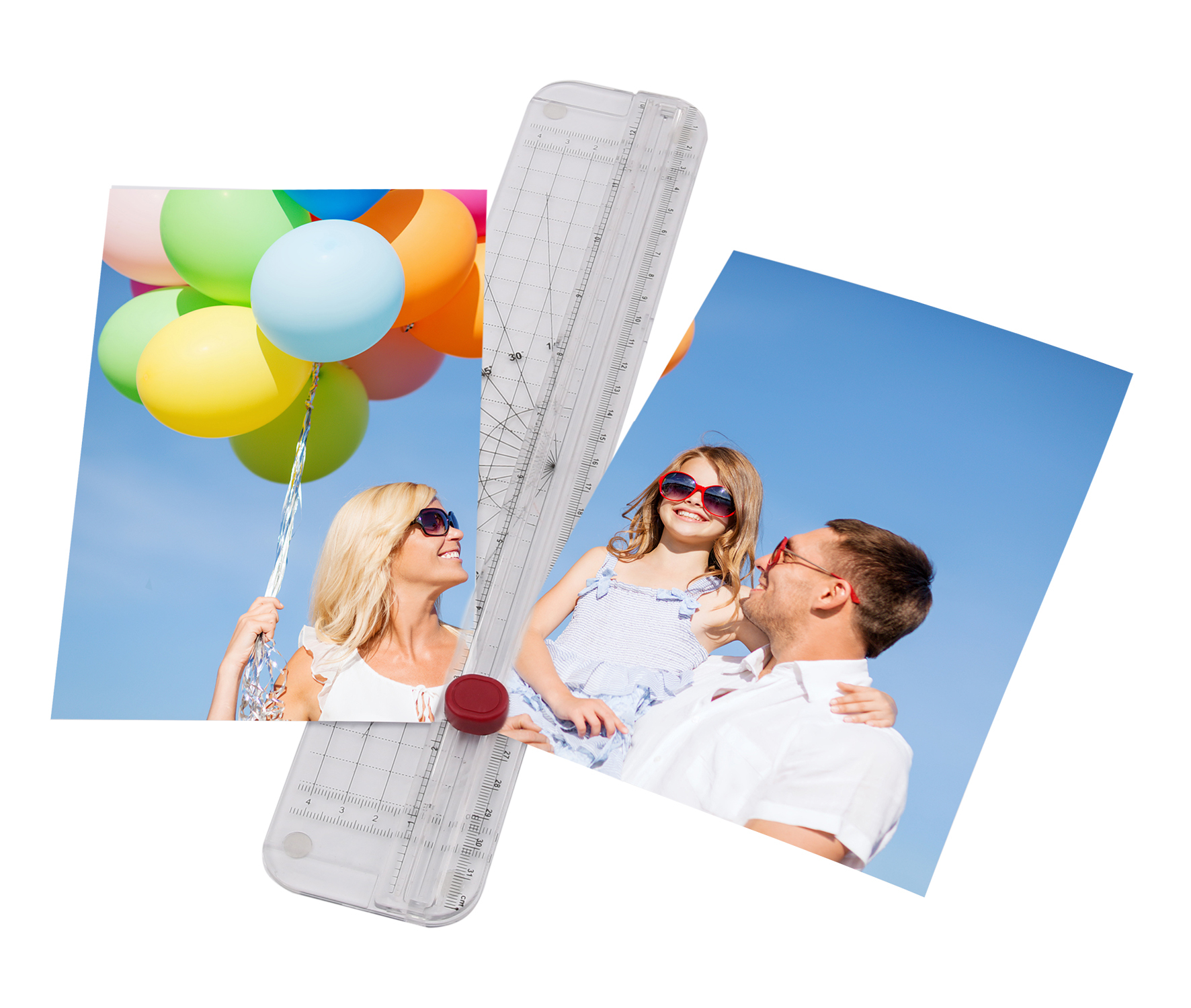 Ein durchsichtiges Lineal liegt über zwei Fotos mit fröhlichen Menschen und bunten Luftballons.
