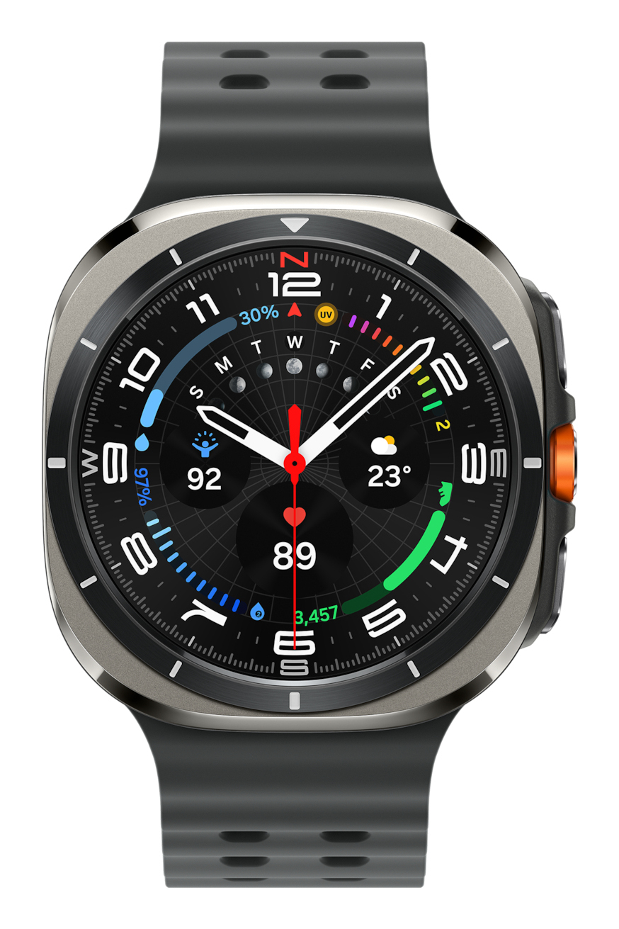 Eine Smartwatch mit dunklem Armband, Metallgehäuse und komplexem Zifferblatt für Uhrzeit, Wetter und Fitness.